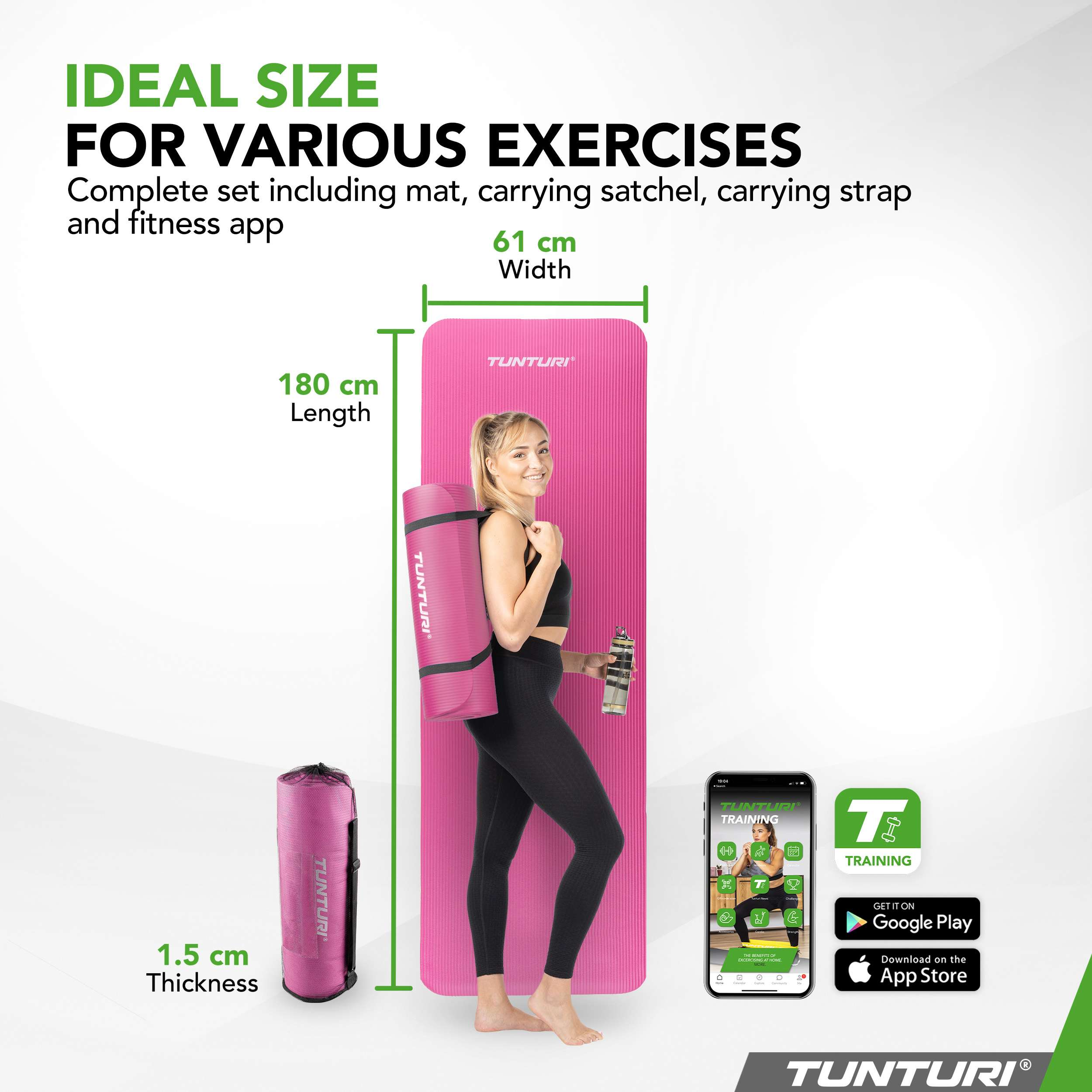 Woman with pink exercise mat, carrying satchel, and water bottle. Text displays mat dimensions and fitness app.