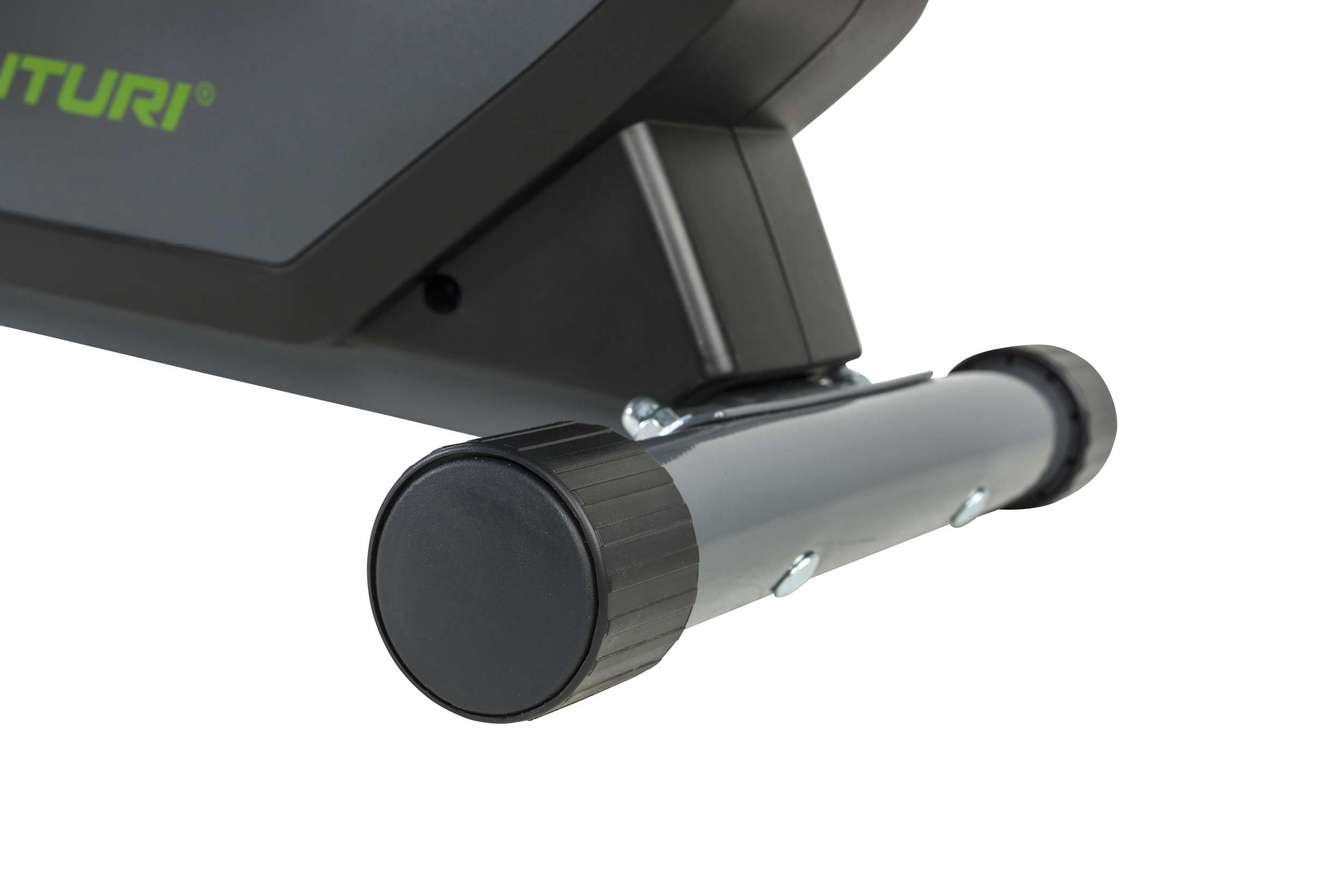 Close-up van een zwart en grijs been van fitnessapparatuur. Een zwarte dop bedekt het uiteinde. Witte achtergrond.