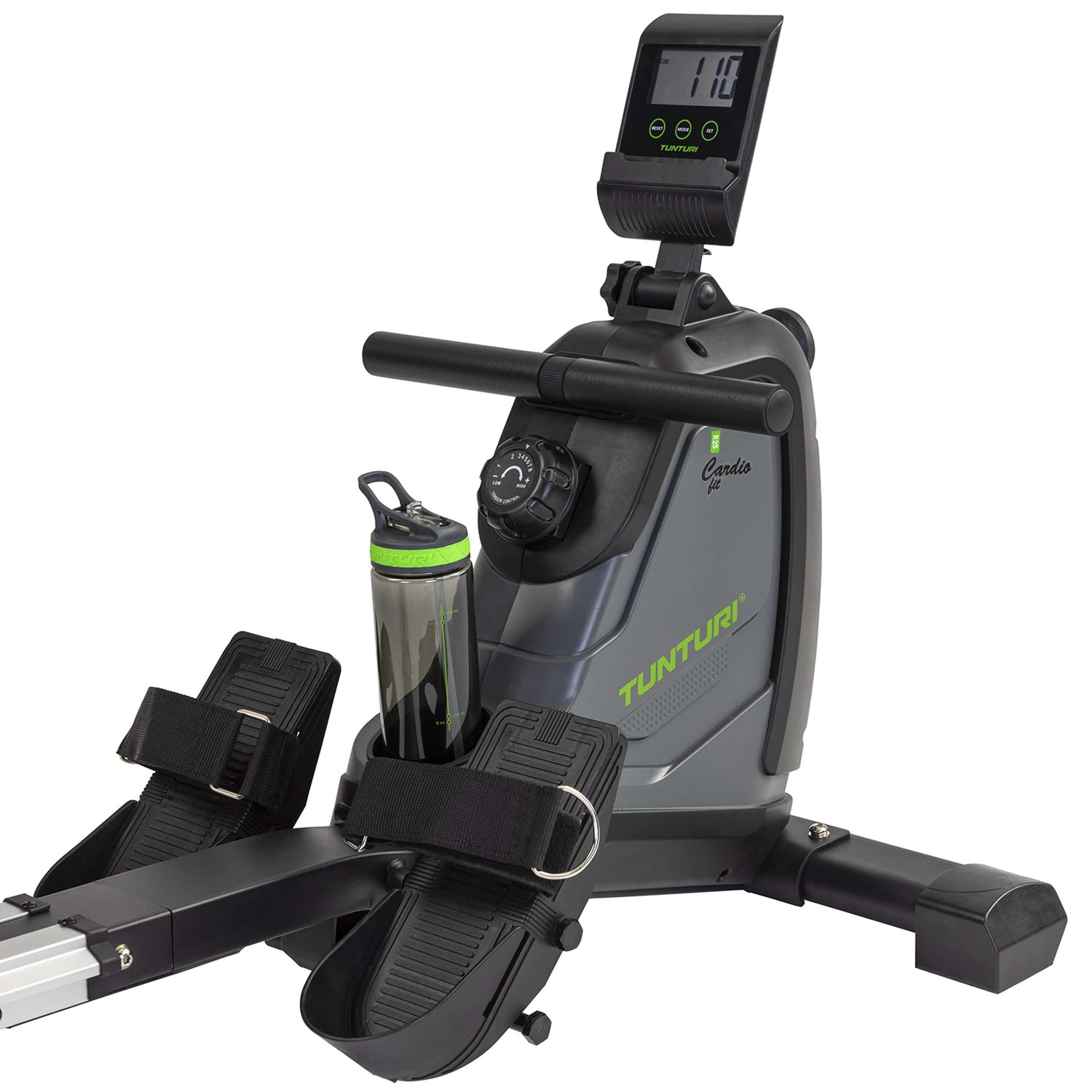 Een Tunturi cardio fit roeimachine. Het heeft een digitaal display, voetsteunen en een waterfles.