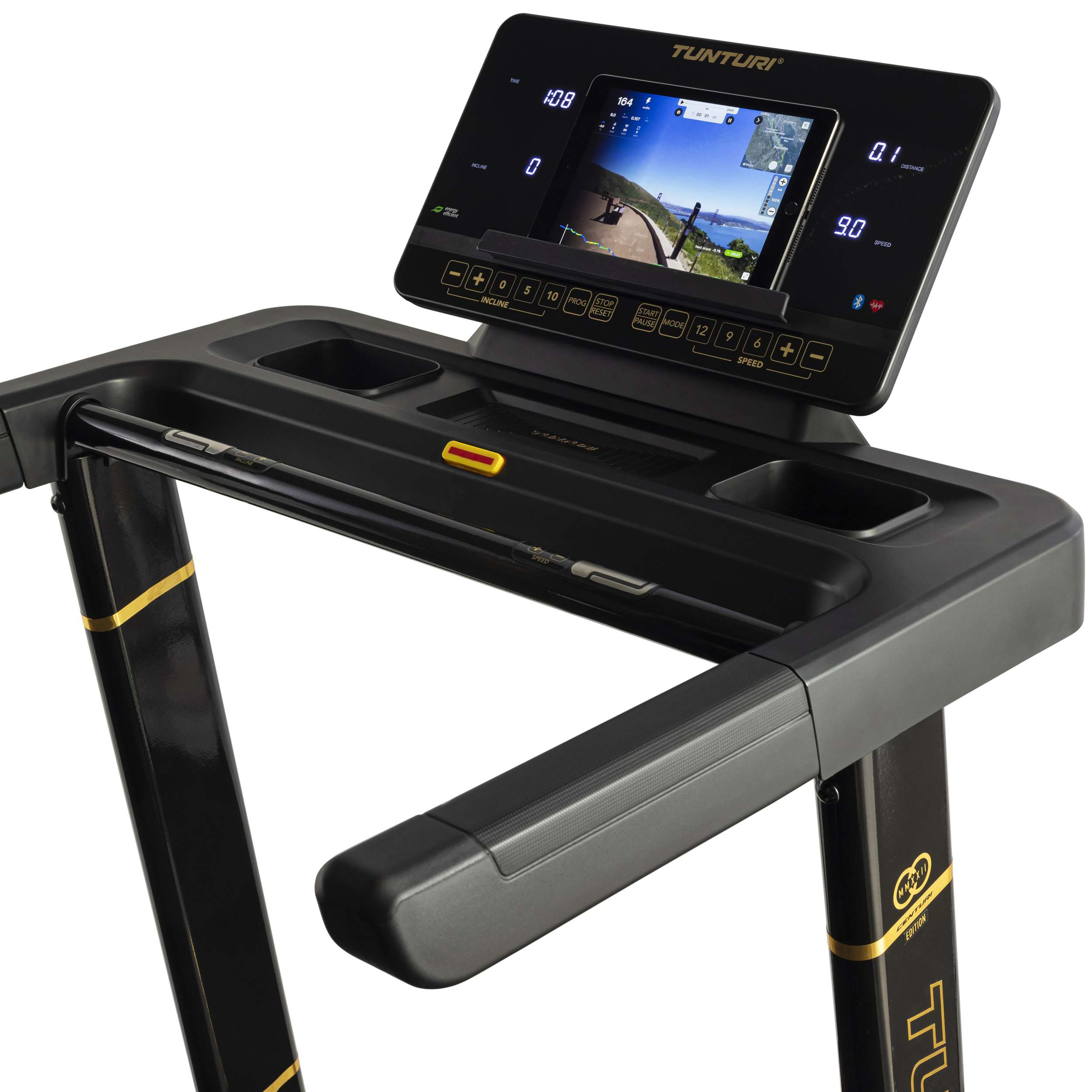 Zwarte loopband met digitaal display voor snelheid, afstand en tijd. Knoppen en een tabletscherm.