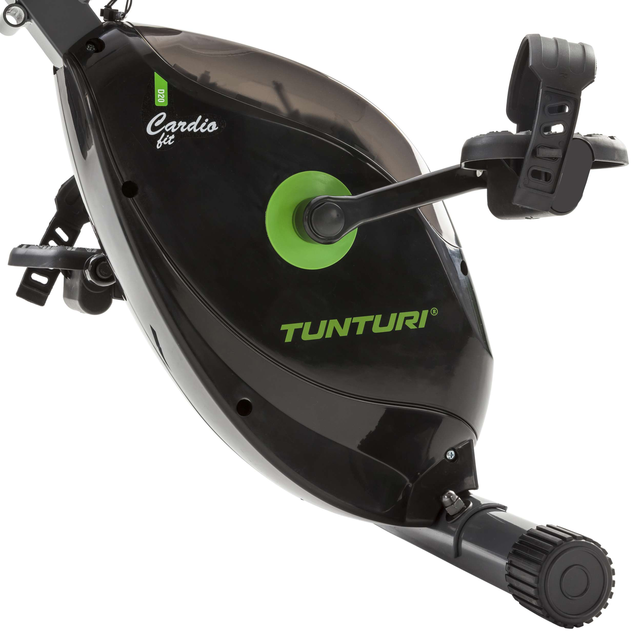 Een zwarte hometrainer met groene accenten en het woord TUNTURI. De fiets staat op een witte achtergrond.