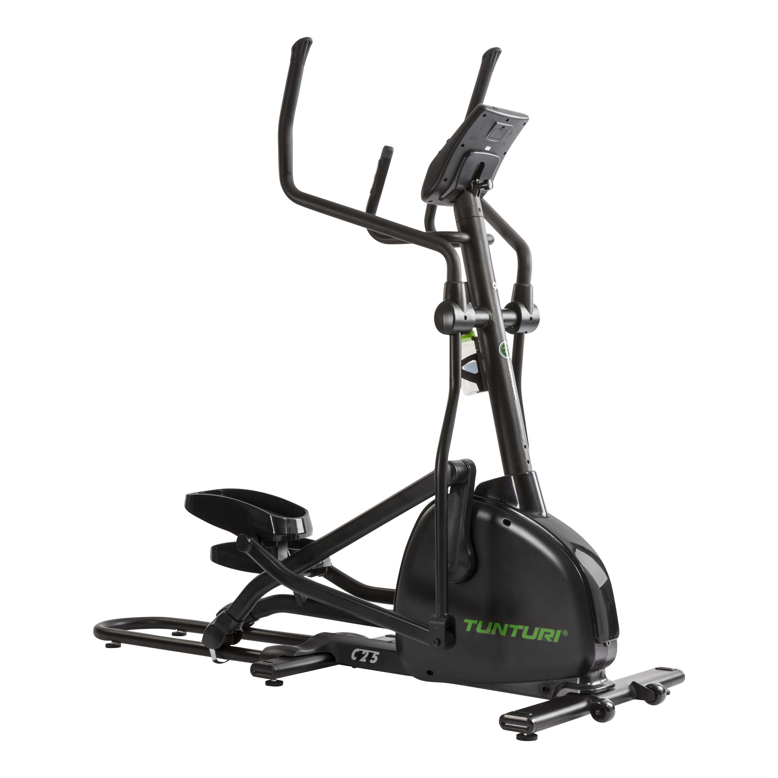 Een zwarte Tunturi C25 elliptische trainer is geïsoleerd op een witte achtergrond. Het heeft handvatten en voetsteunen.