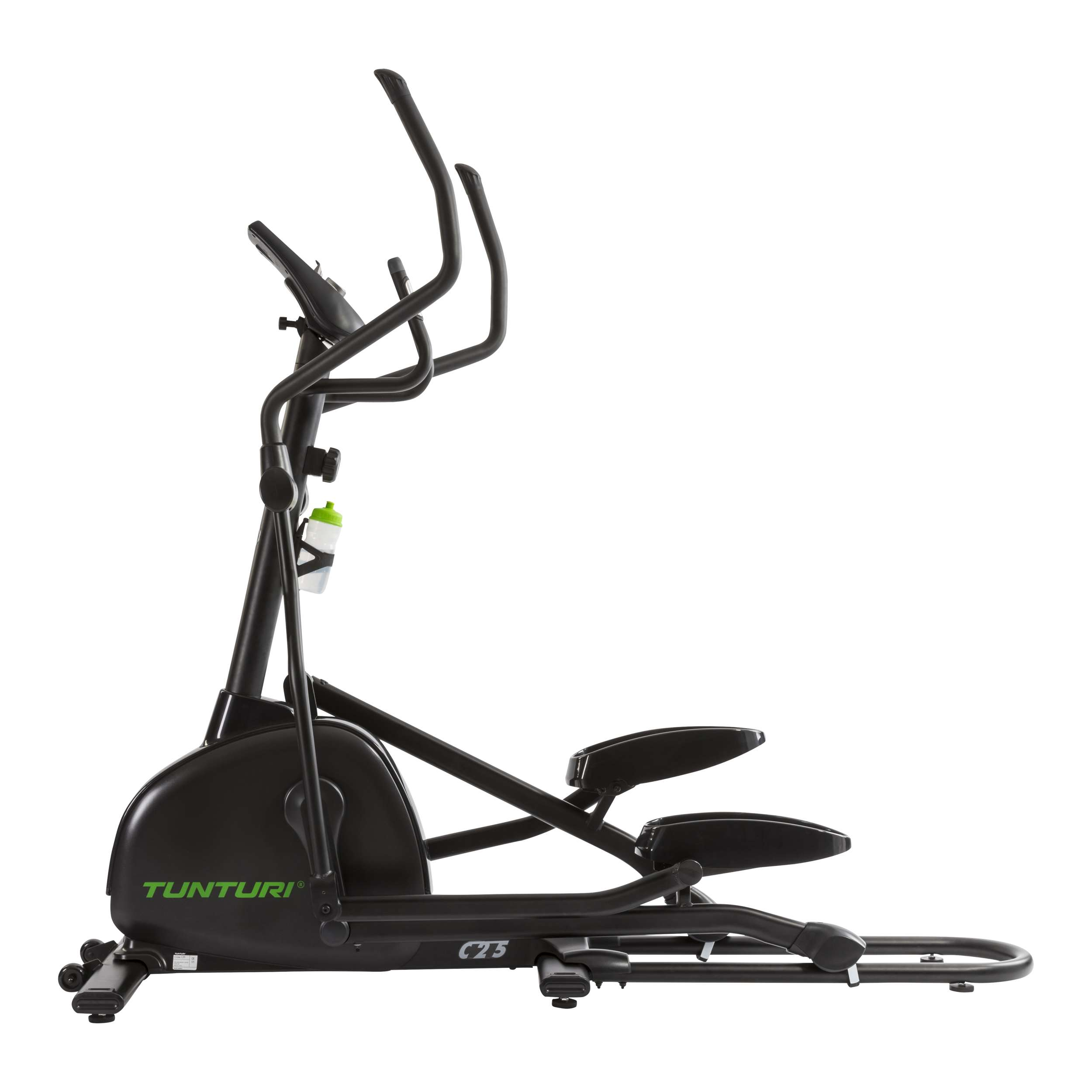 Zwarte Tunturi C25 crosstrainer. Voorzien van stuur, voetsteunen en een bidonhouder, tegen een witte achtergrond.