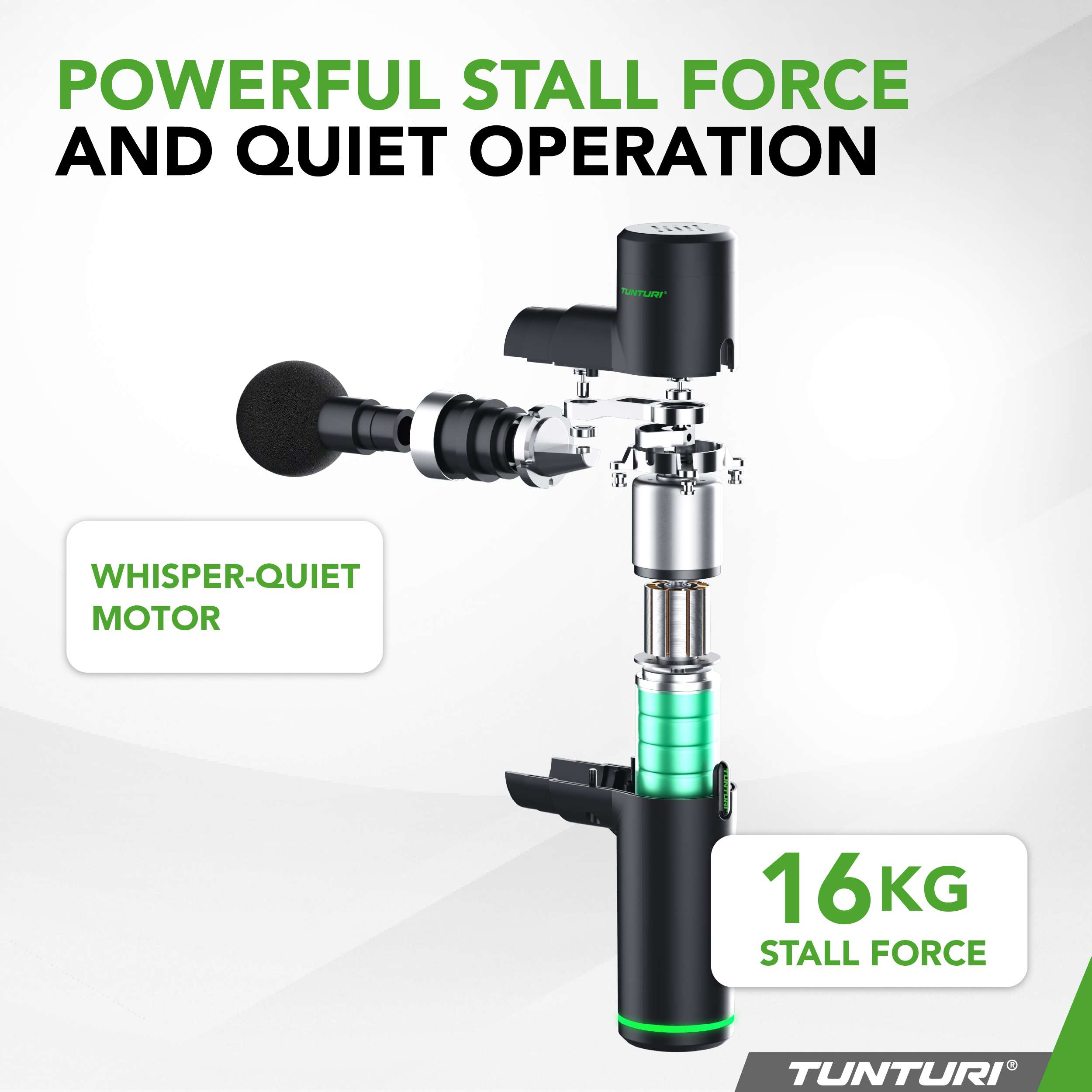 Diagram van een zwart massagepistool met groene accenten, tekst 'Powerful Stall Force' en '16KG Stall Force'.