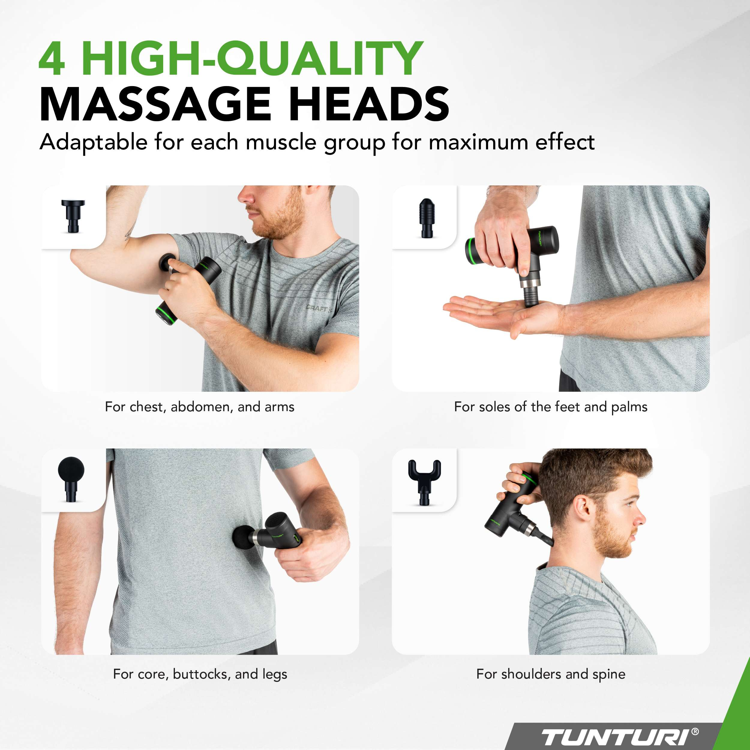 Afbeelding toont een massagepistool met verschillende koppen voor diverse lichaamsdelen, waaronder borst, voeten, core en schouders.