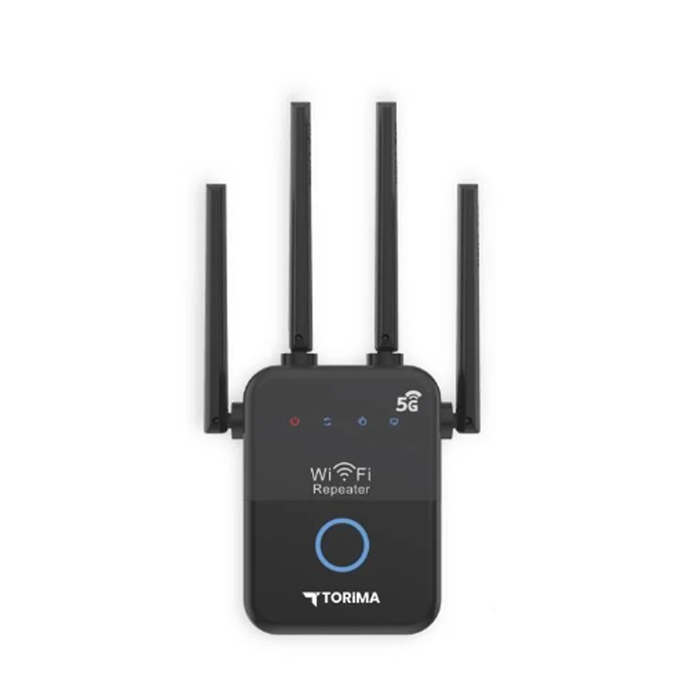 Dört antenli siyah bir Wi-Fi tekrarlayıcı. Mavi bir daire ve Torima logosu var. 5G logosu görünür.