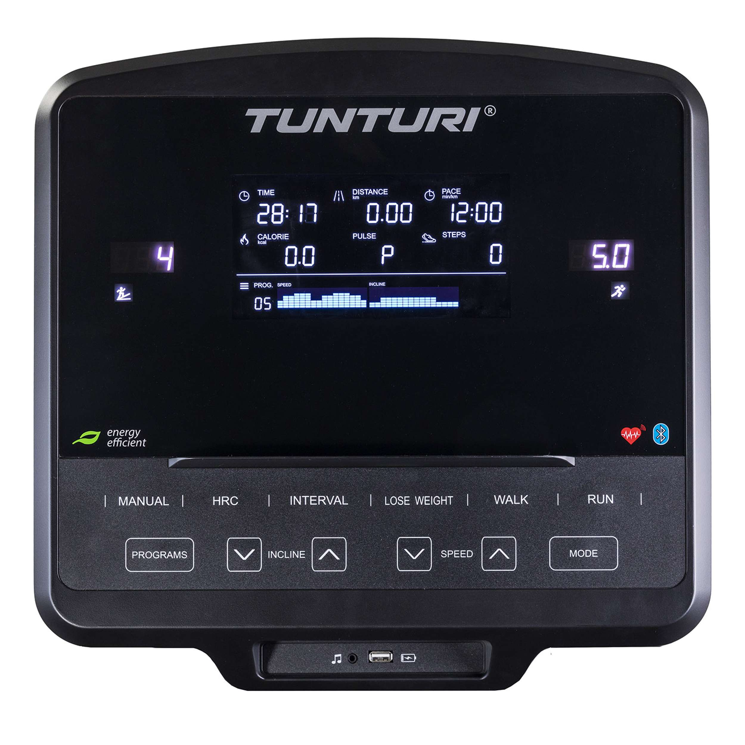 Loopbandconsole toont tijd, afstand, tempo en andere workoutgegevens. Knoppen voor programma's, helling, snelheid en modus.