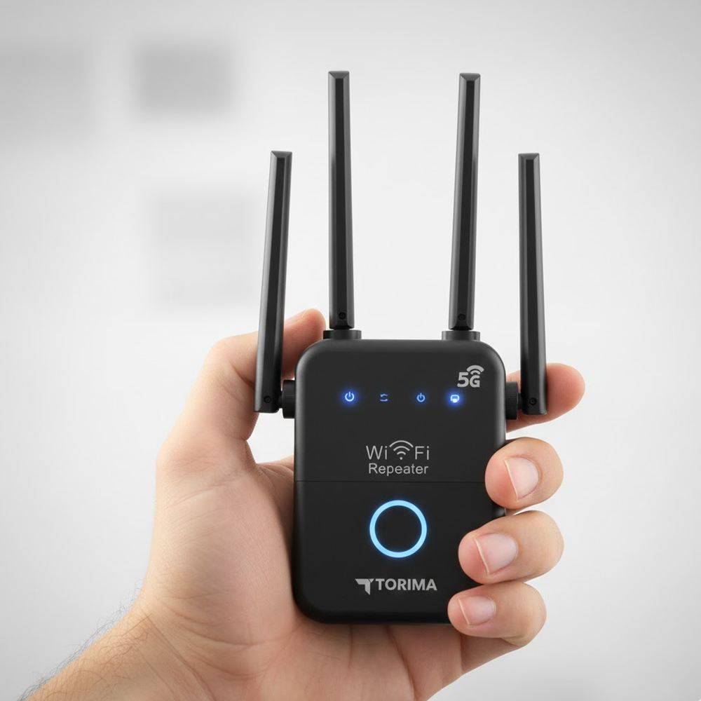 Bir el, dört antenli siyah bir Wi-Fi tekrarlayıcı tutuyor. Cihazda parlayan mavi bir daire ve ışıklar var. Arka plan bulanık.