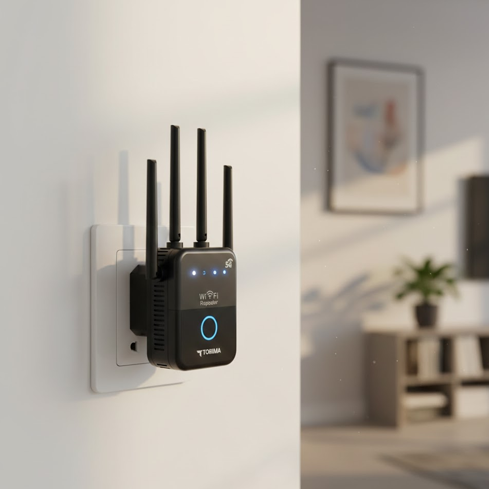Siyah bir WiFi tekrarlayıcı bir prizde takılıdır. Antenleri ve yanan ışıkları vardır. Arka planda bulanık bir oturma odası var.