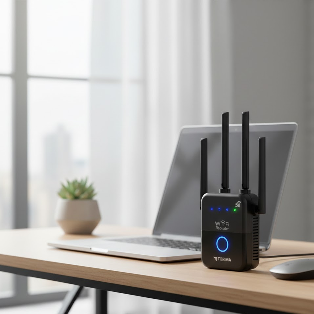 Antenli siyah bir Wi-Fi tekrarlayıcı, bir dizüstü bilgisayar, küçük bir bitki ve fare ile ahşap bir masanın üzerinde duruyor.