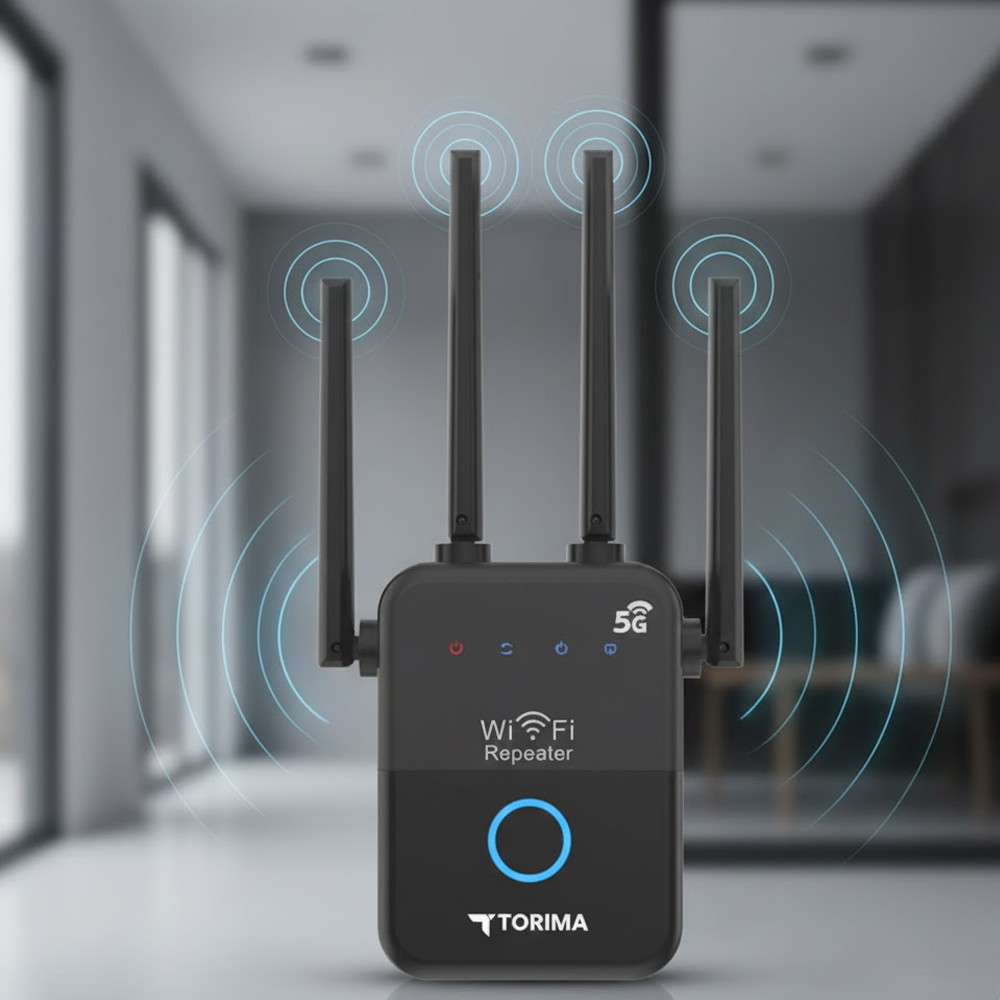 Dört antenli siyah WiFi tekrarlayıcı. Cihazdan mavi sinyal dalgaları yayılıyor. Üzerinde 'WiFi Repeater' ve 'TORIMA' yazıyor.