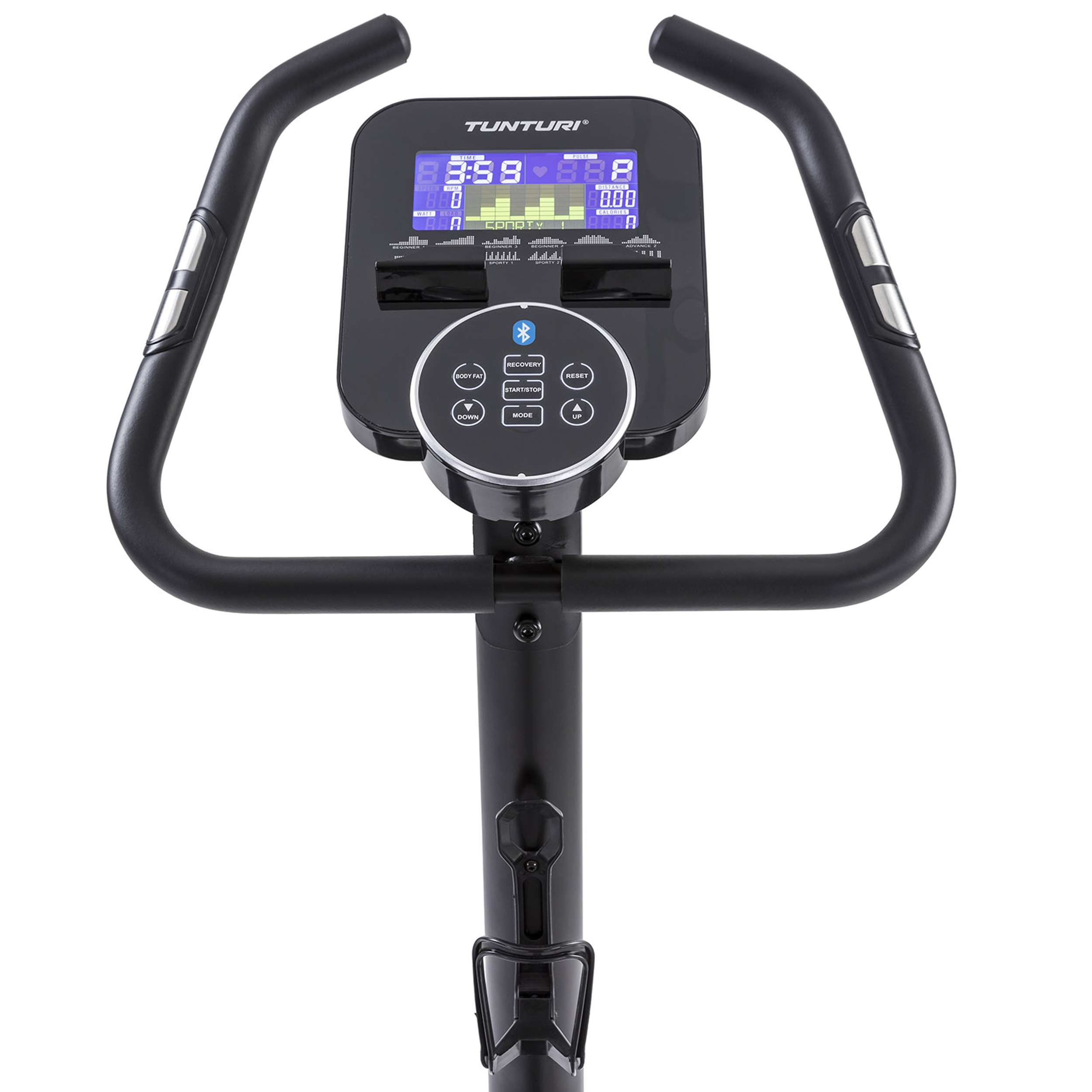 Zwarte hometrainerconsole met display met tijd, hartslag en andere statistieken; heeft sturen.