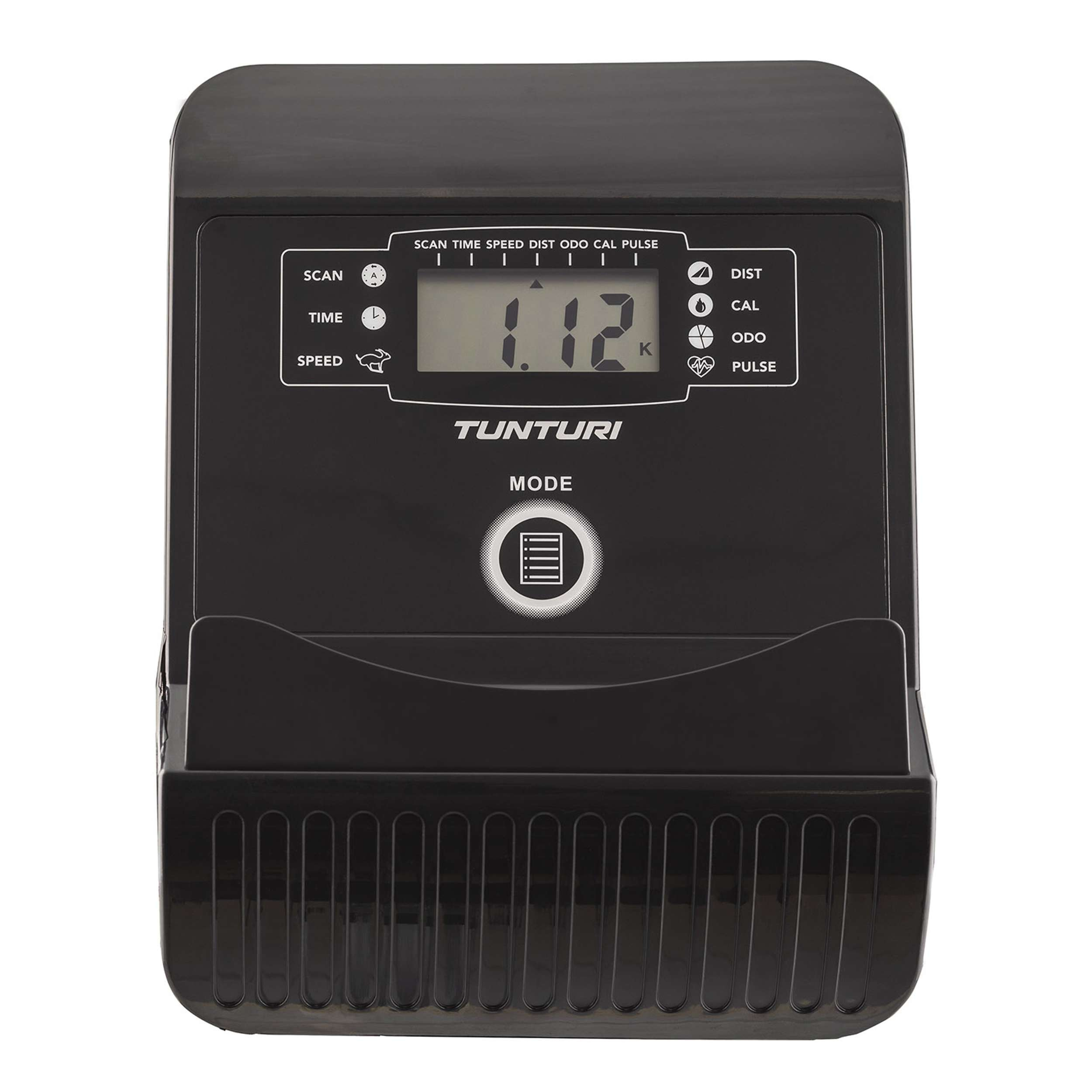 Black exercise machine display shows 1.12K. Controls include time, speed, and scan functions. The brand name is Tunturi.