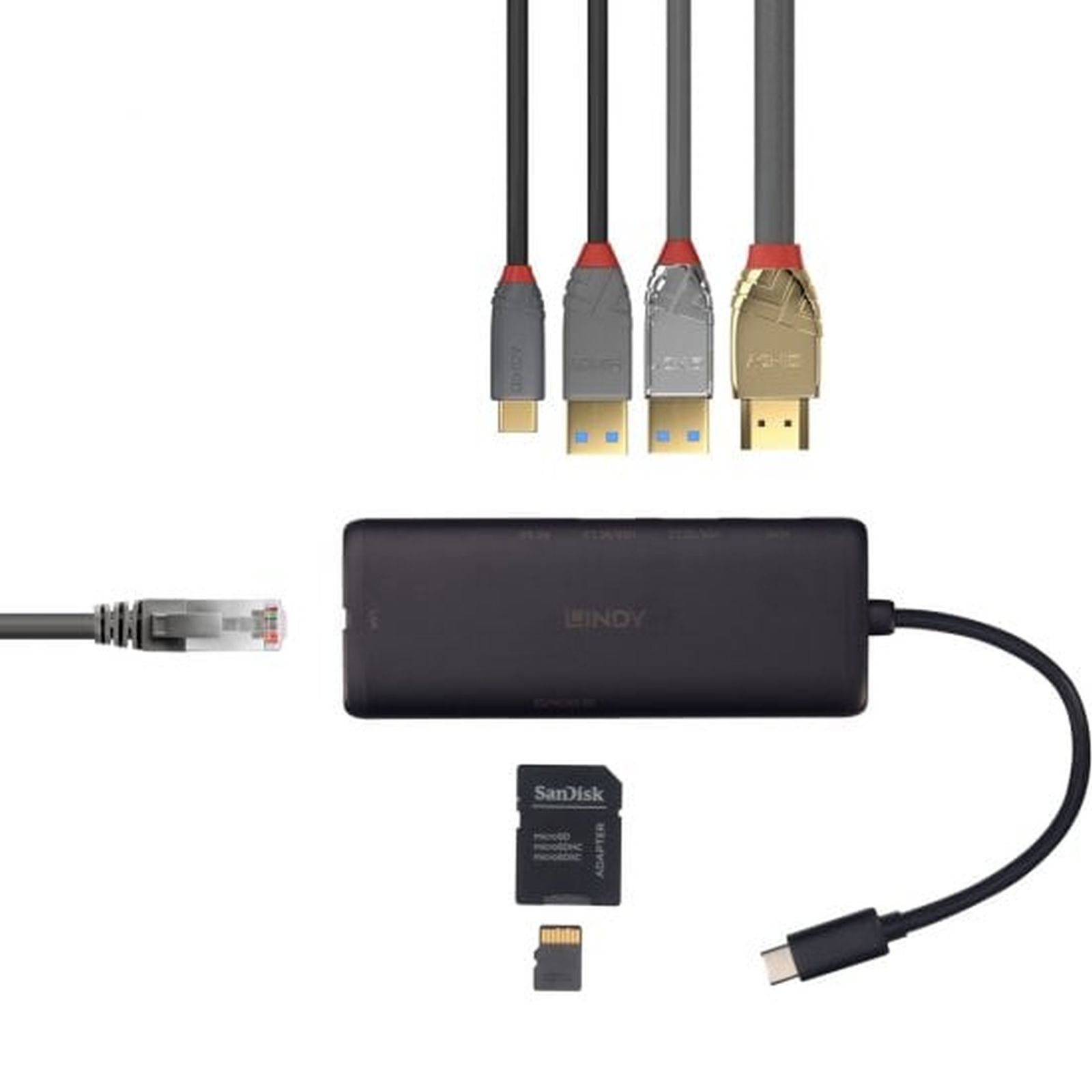 Ein schwarzer LINDY-Hub mit angeschlossenen Kabeln, einer SanDisk-Speicherkarte und einem Netzwerkkabel.