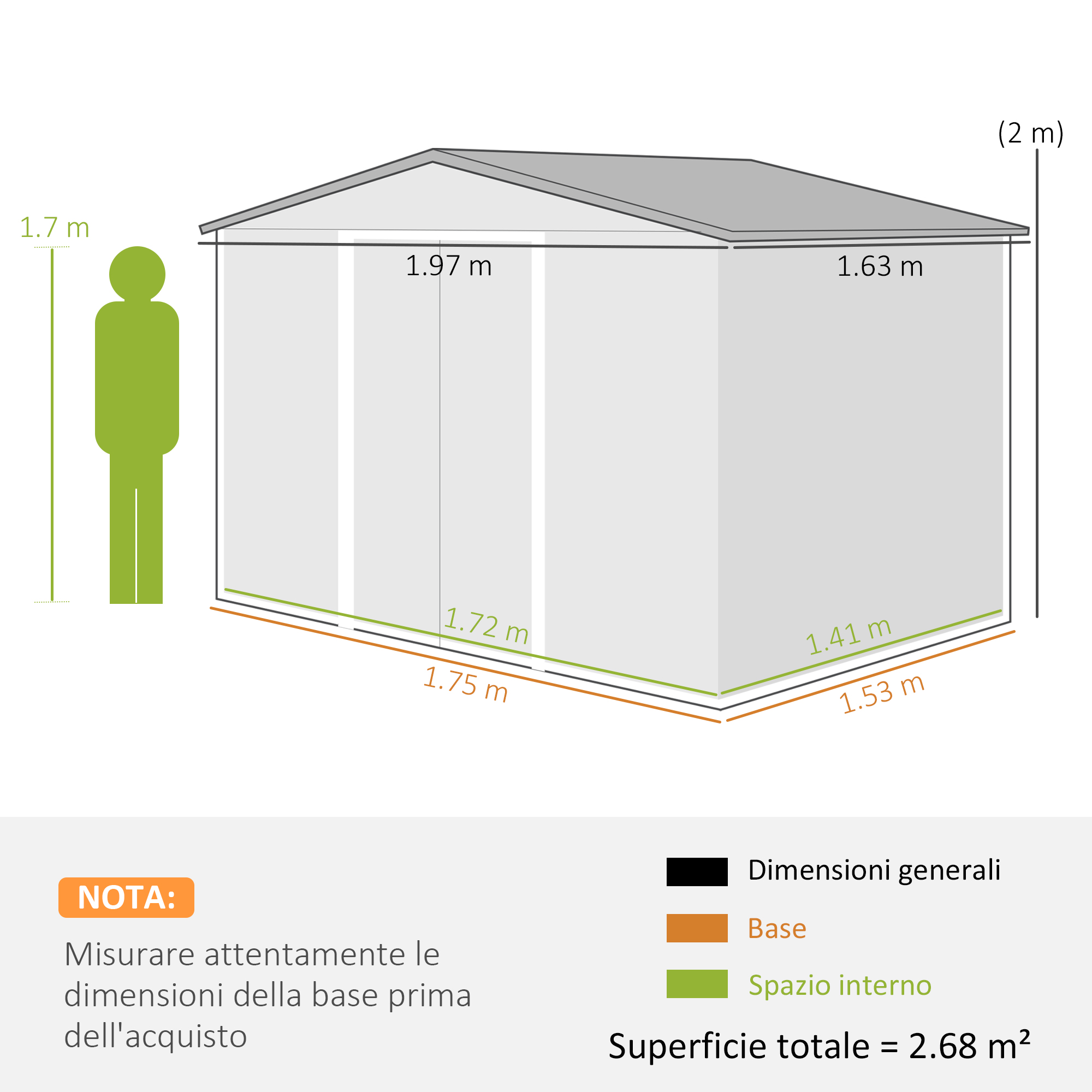 Diagramma di un capannone con dimensioni in metri. Una figura verde indica l'altezza, insieme alle dimensioni dell'area e della base.