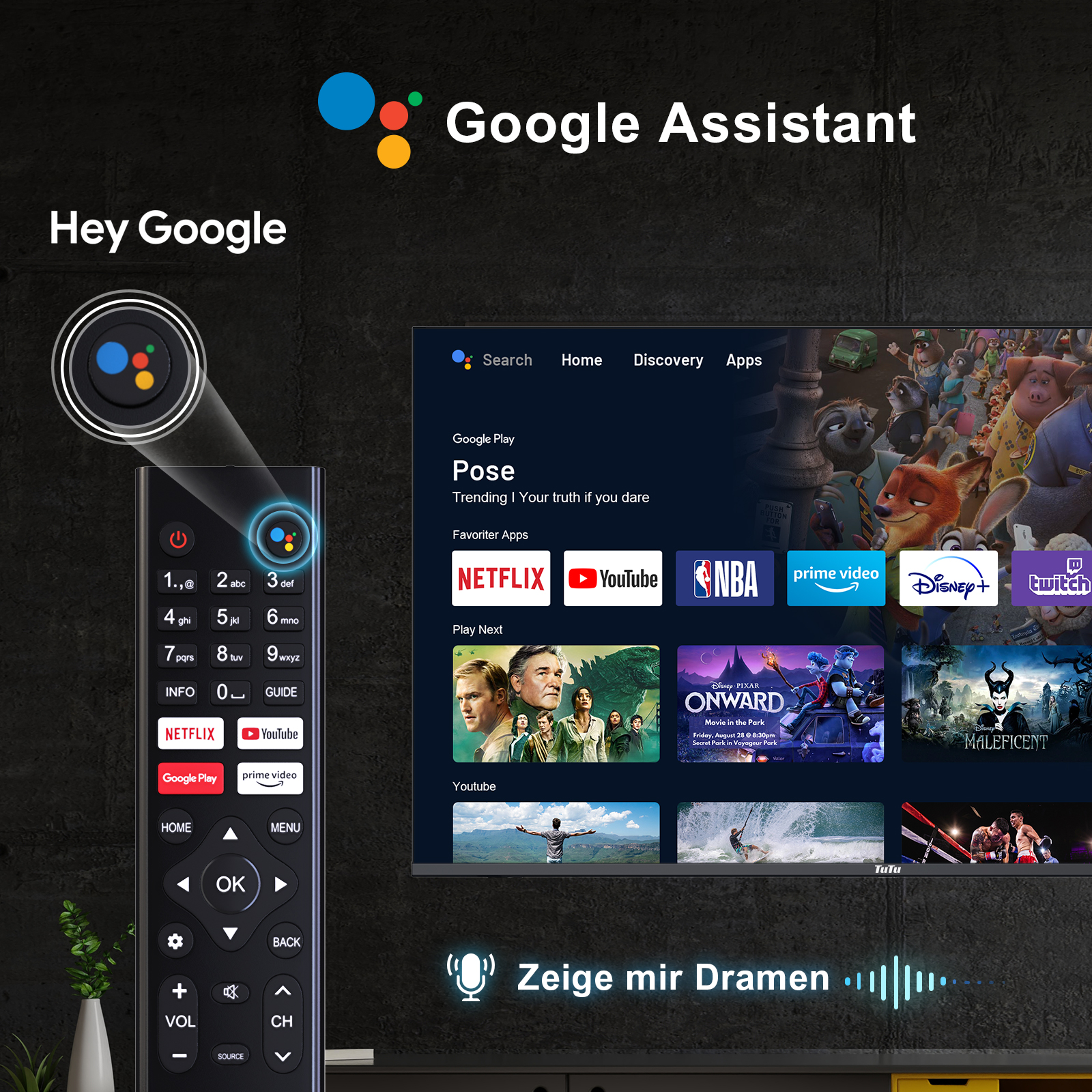 Ein Fernsehbildschirm zeigt Streaming-Apps. Eine Fernbedienung ist im Vordergrund. Das Google Assistant-Logo wird angezeigt.