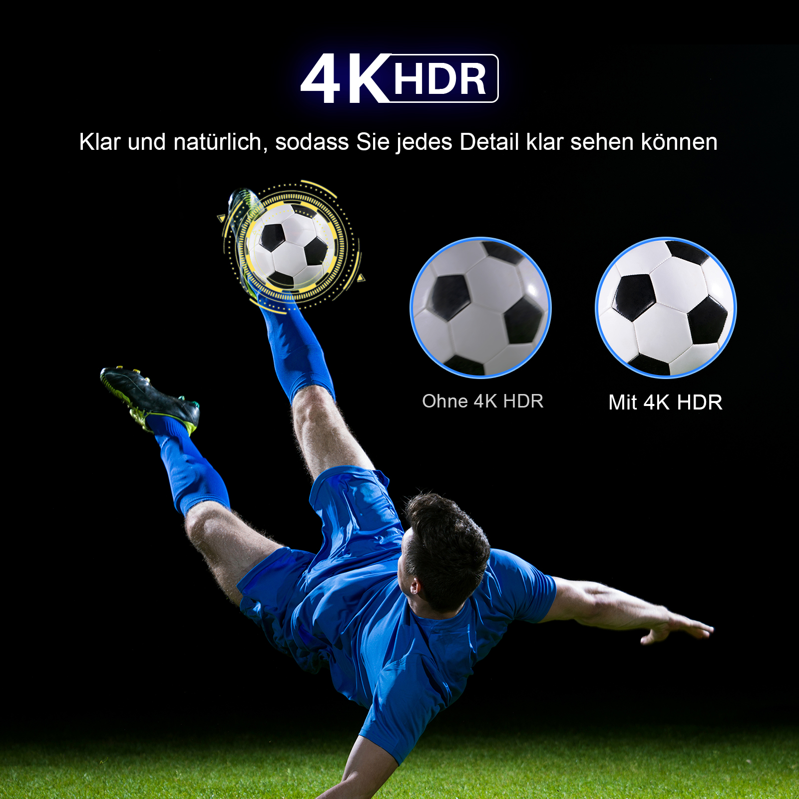 Ein Fußballspieler tritt einen Ball. Der Vergleich zeigt 4K HDR vs. Nicht-HDR-Qualität auf schwarzem Hintergrund.