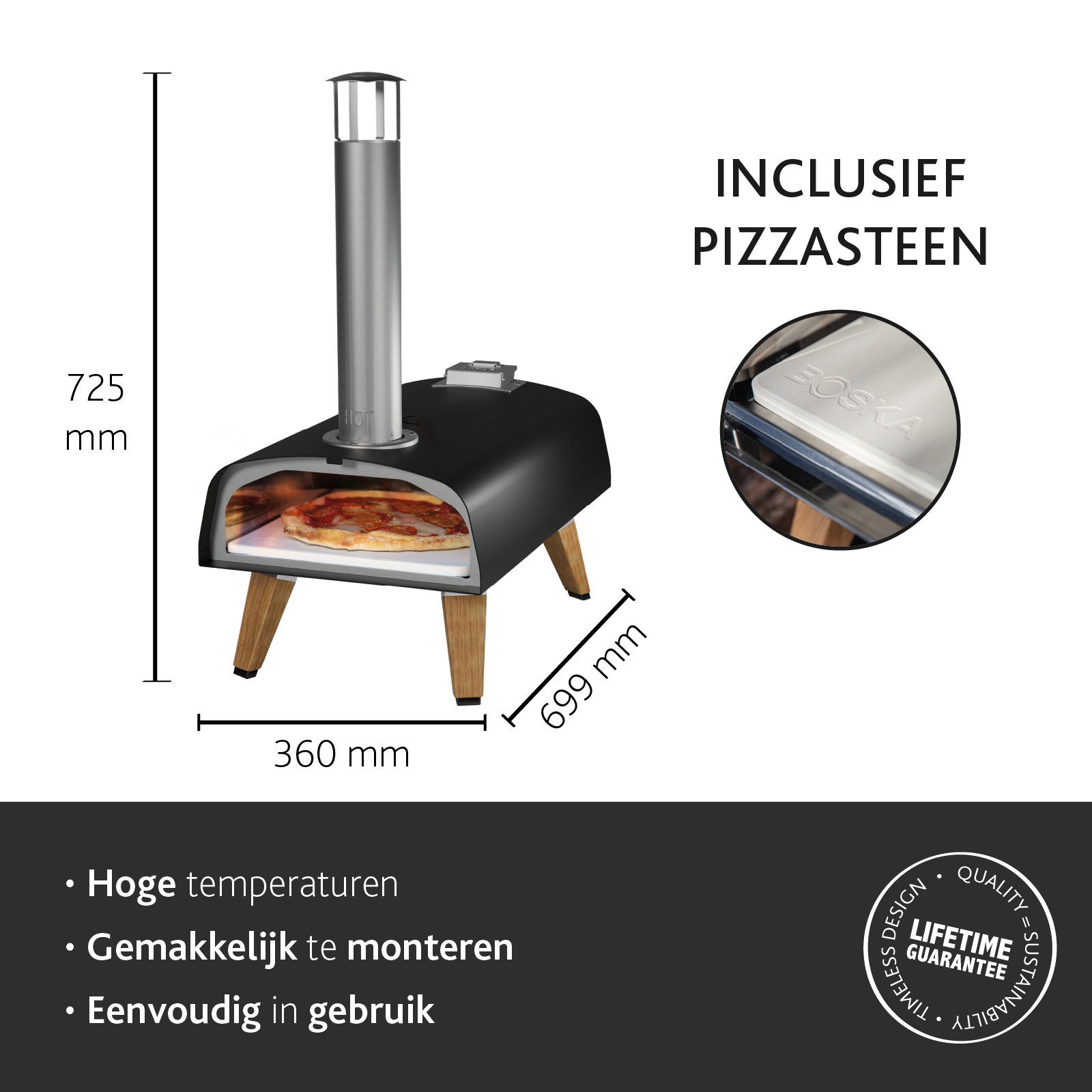 Pizzaoven met schoorsteen, afmetingen en tekst. Inclusief pizzasteen. Tekst geeft hoge temperaturen en eenvoudige montage aan.