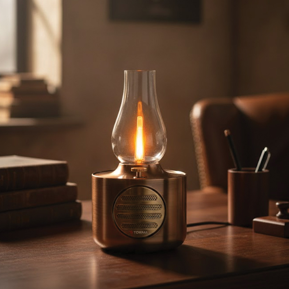 TORIMA D53 Vintage Gaz Lambası Ayarlanabilir Işıklı USB Şarjlı Taşınabilir Speaker Bluetooth Hoparlör Bakır