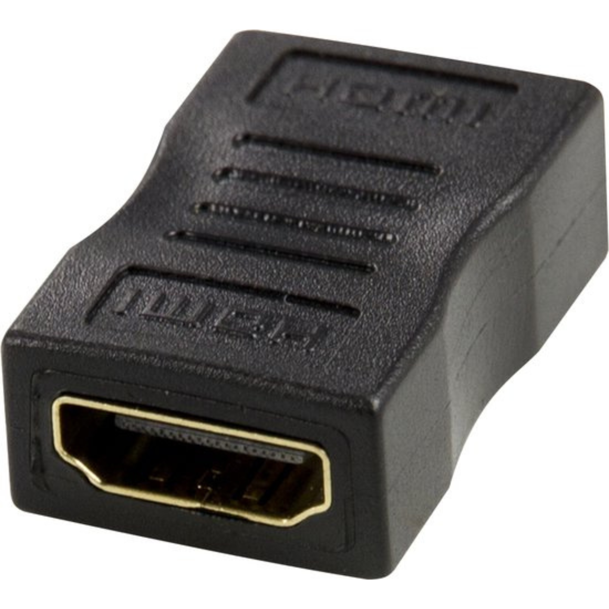 Een zwarte HDMI-adapter met een goudkleurige poort. De adapter heeft het woord HDMI in reliëf op het oppervlak.
