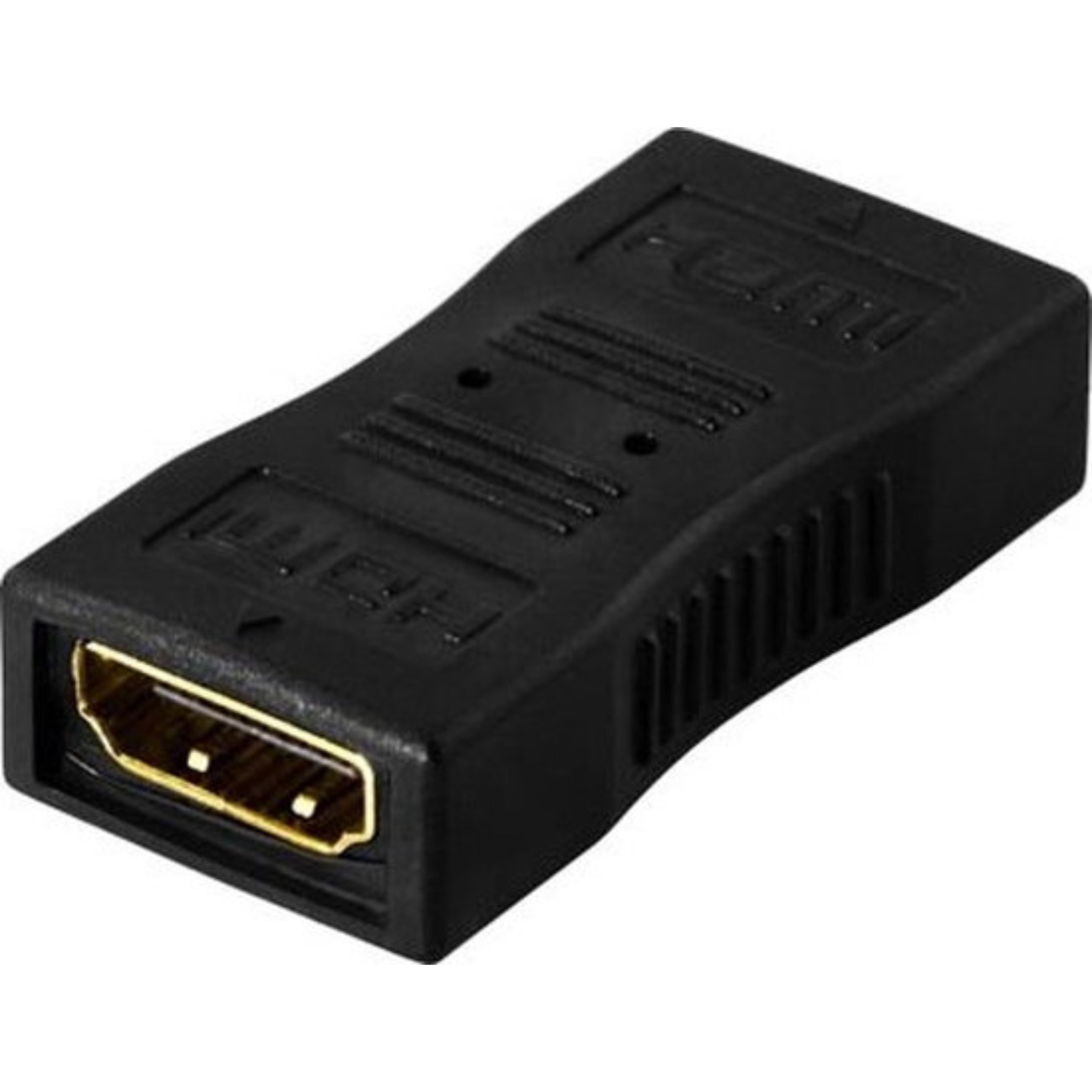 Een zwarte HDMI-adapter. Het heeft een goudkleurige poort. De adapter is rechthoekig met een reliëflogo.