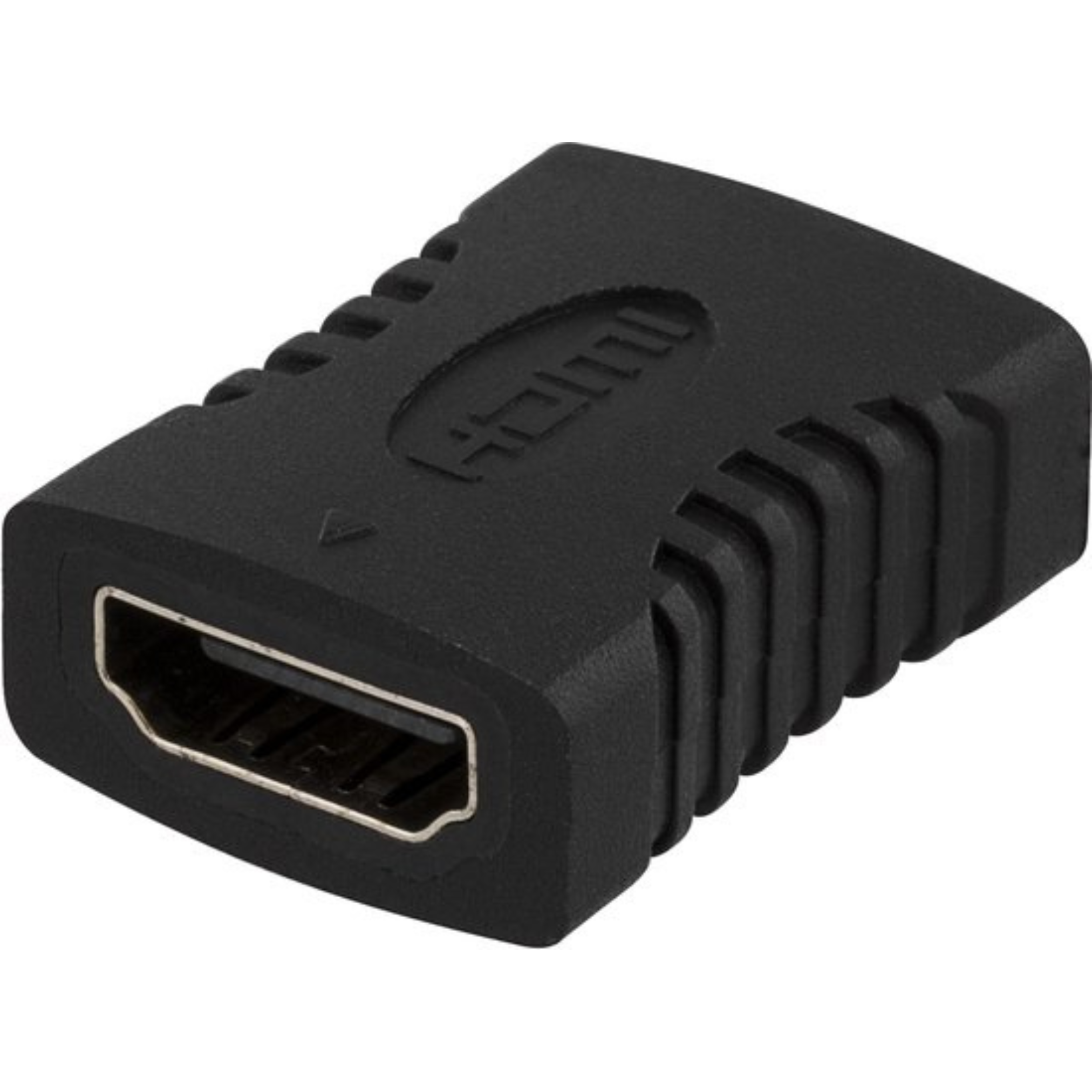 Een zwarte HDMI-adapter met een vrouwelijke poort en het HDMI-logo. Het heeft een geribbeld oppervlak en een rechthoekige vorm.