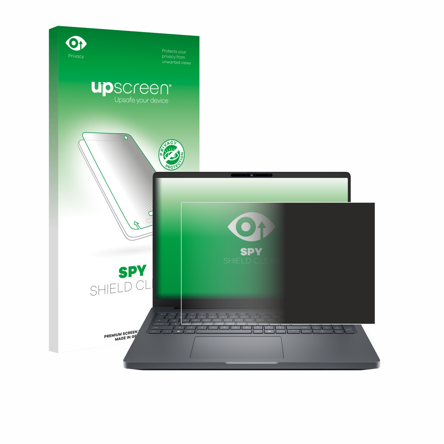 Ein Laptop mit einem Blickschutzfilter. Im Hintergrund befindet sich eine Schachtel mit dem 'upscreen'-Logo. Der Bildschirm hat einen teilweise abgedunkelten Bereich.