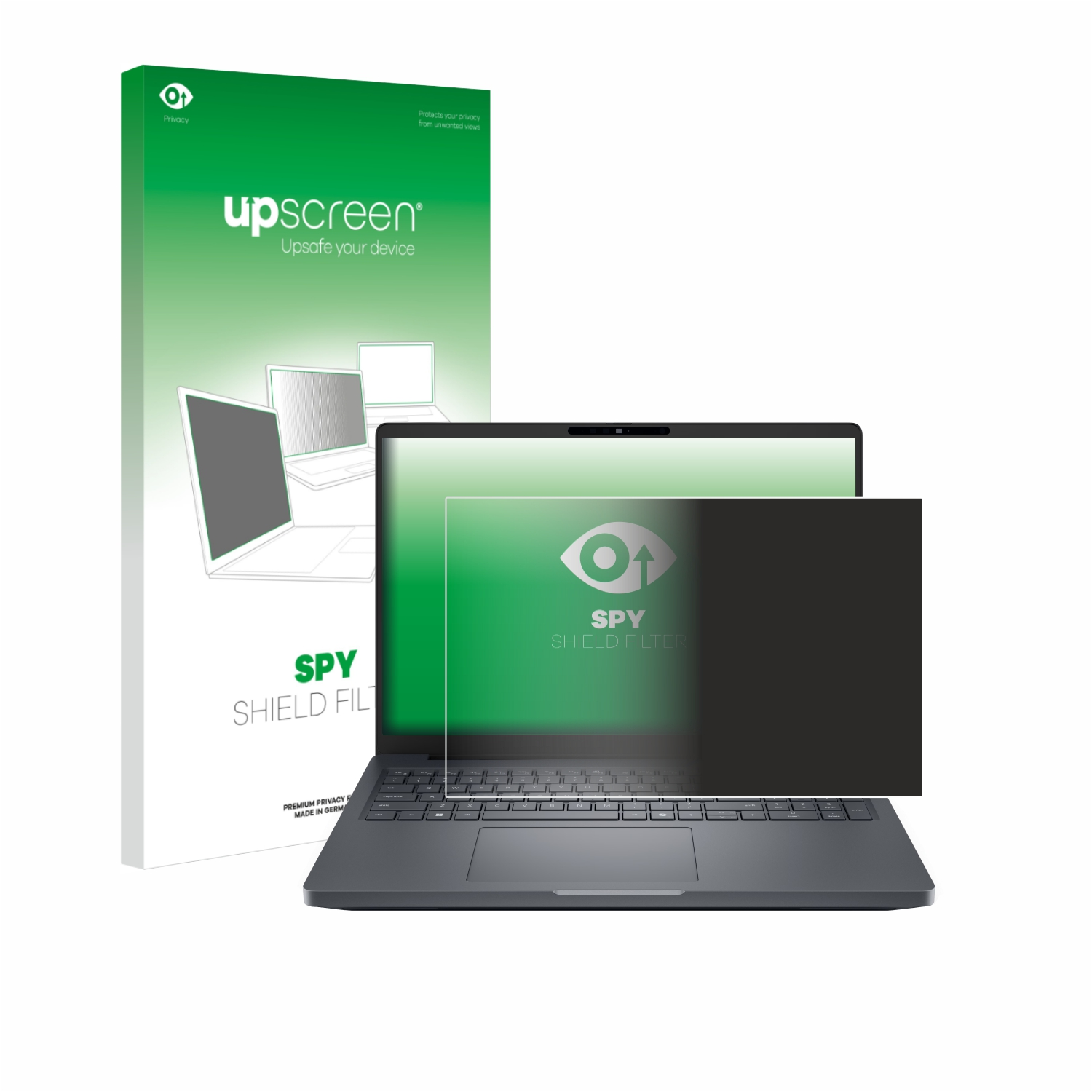 Ein Laptop mit einem Sichtschutz und Verpackung. Der Bildschirm ist teilweise geschwärzt. Die Verpackung ist grün und weiß.