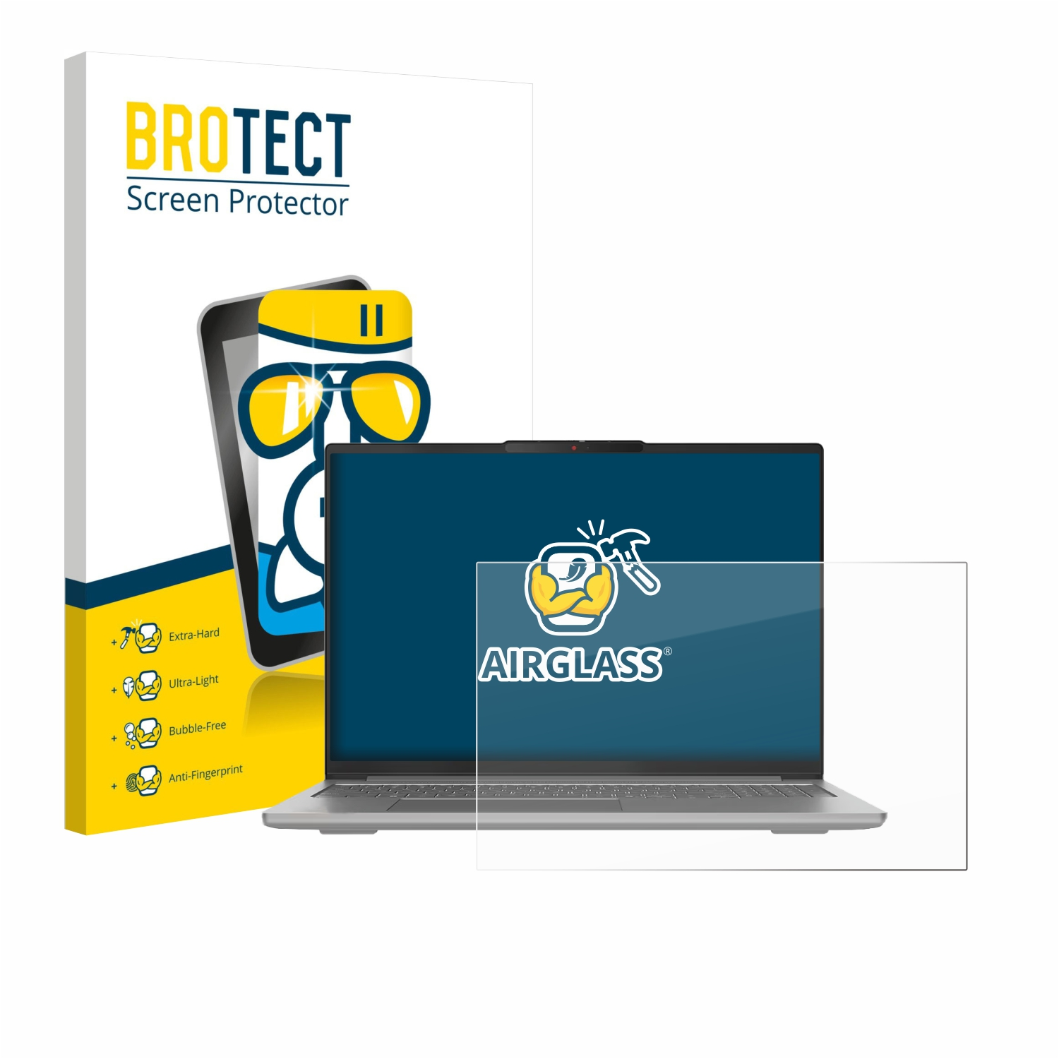 Ein Laptop mit Displayschutz, eine Box mit "BROTECT" und Features sowie ein Displayschutzaufkleber.