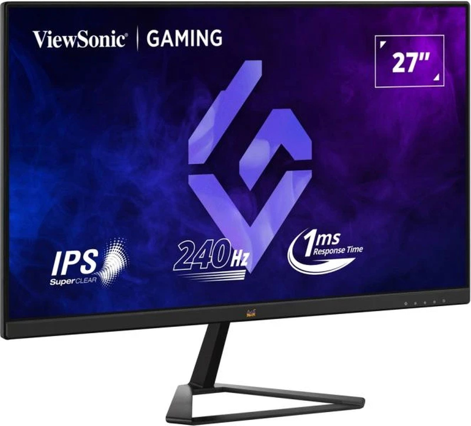 Monitor gamingowy ViewSonic. Czarna ramka, czarny stojak. Funkcje: 27", 240Hz, czas reakcji 1ms i IPS SuperClear.