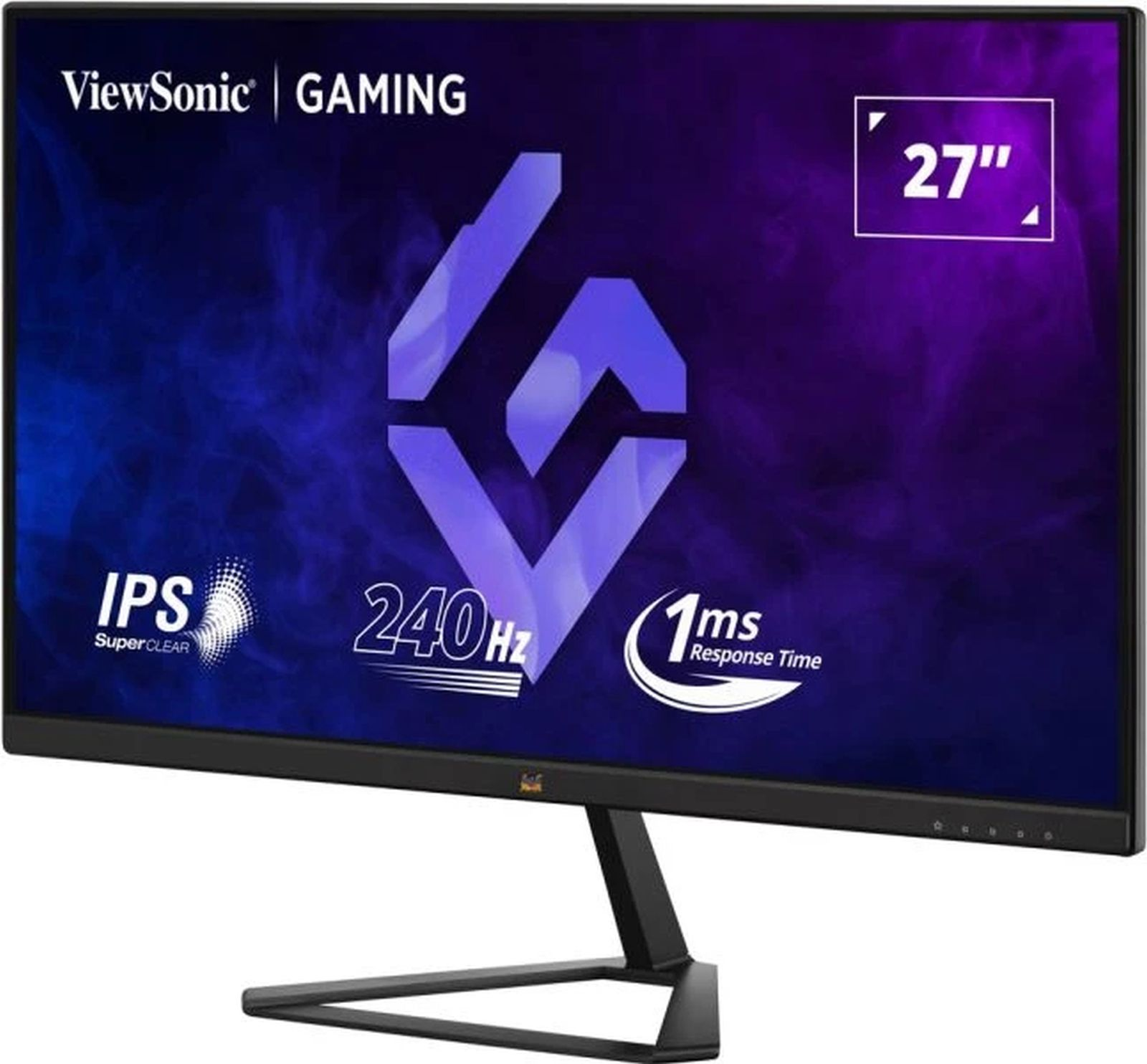 27-calowy monitor gamingowy ViewSonic. Funkcje obejmują IPS, 240 Hz i czas reakcji 1 ms. Monitor ma czarną podstawkę.