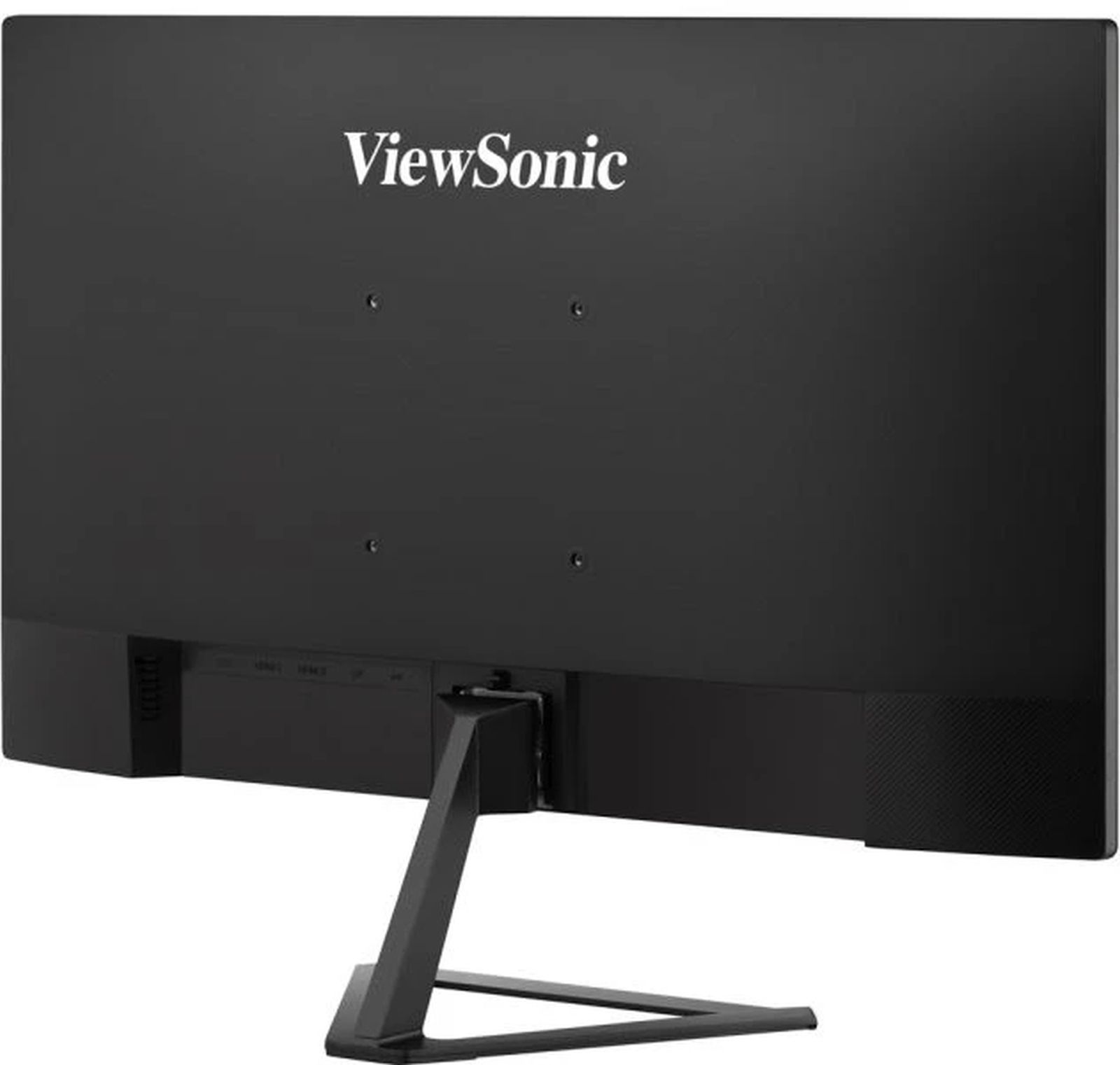 Widok z tyłu czarnego monitora ViewSonic z nazwą marki na górze. Monitor ma podstawę i widoczne porty na dole.