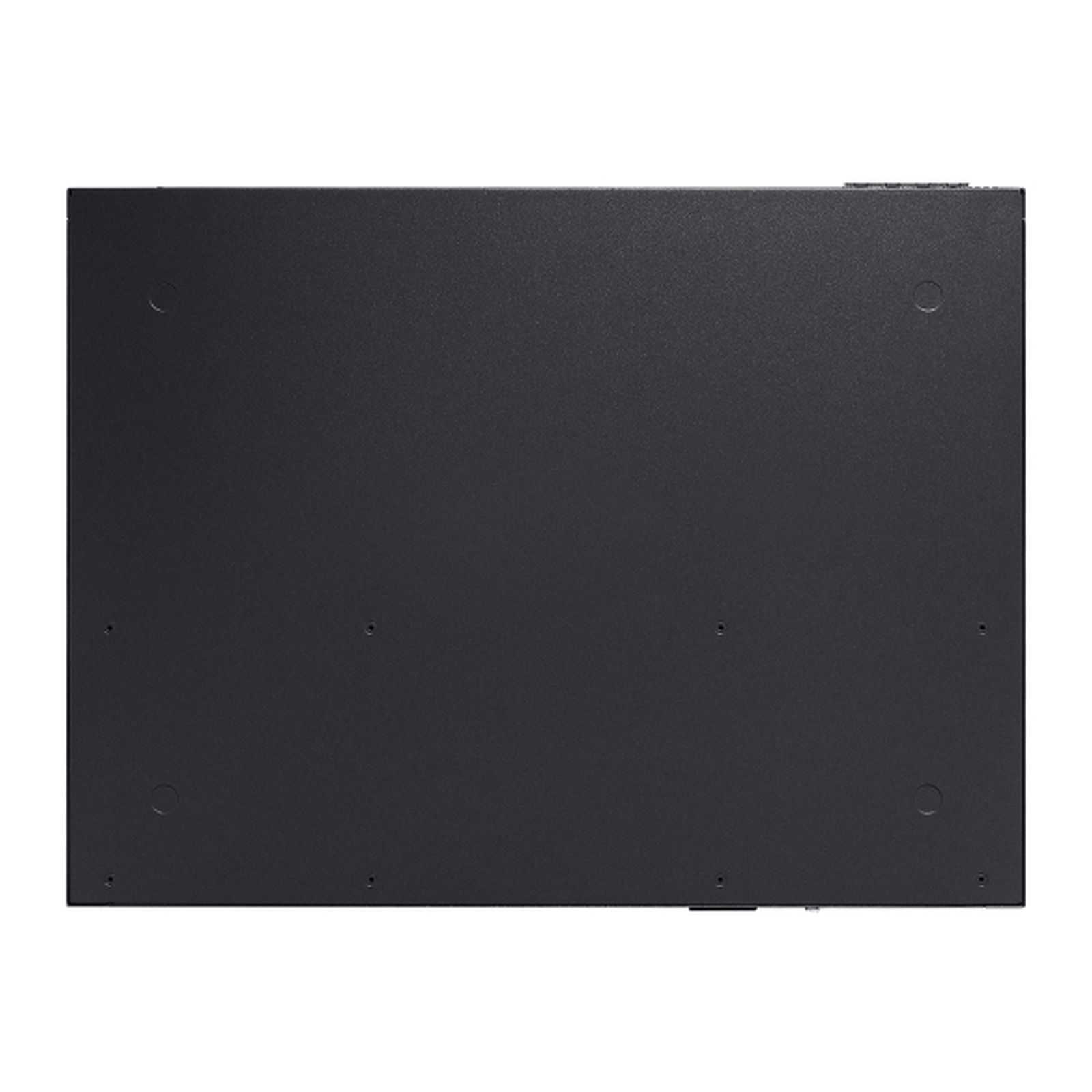 Ciemnoszare prostokątne urządzenie, prawdopodobnie przełącznik sieciowy, z kilkoma małymi otworami i zaokrąglonymi wcięciami.