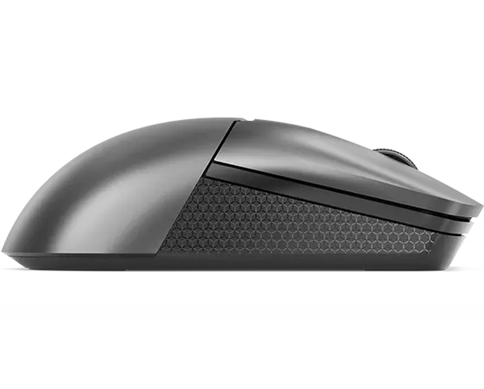 Szara bezprzewodowa mysz komputerowa. Ma bok z geometrycznym wzorem i kółko przewijania, na białym tle.