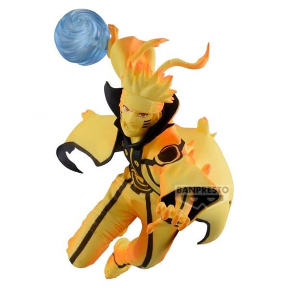 Una statuetta di Naruto in posa dinamica, con una sfera di energia blu. Indossa un completo giallo e nero, con lineamenti dettagliati.
