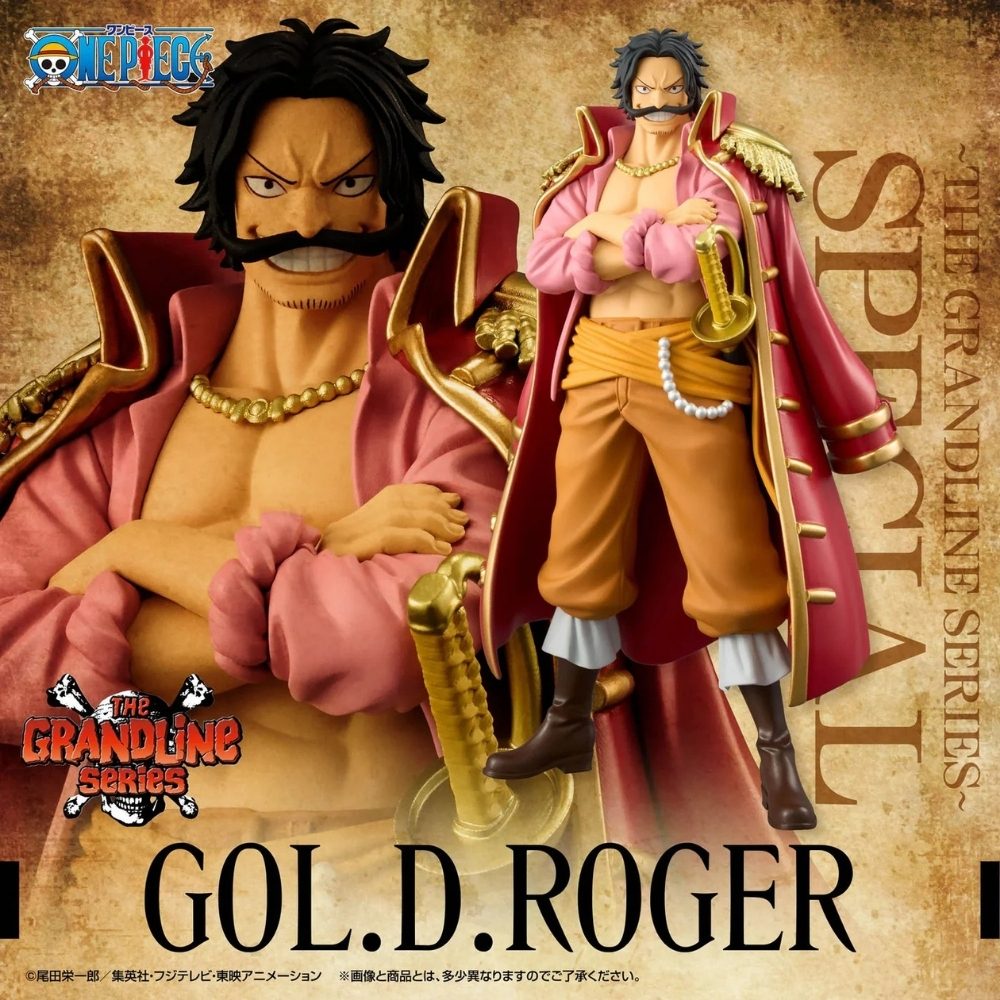 Figur von Gold D. Roger aus One Piece. Er trägt ein rosa Hemd und einen roten Mantel. Der Hintergrund hat Text und Logos.