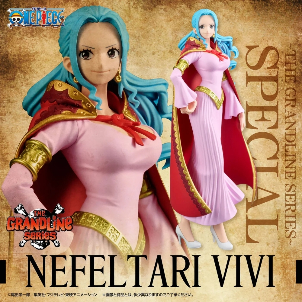 Una statuetta di Nefeltari Vivi di One Piece. Indossa un vestito rosa e un mantello rosso. I suoi capelli sono blu. Il testo dice 'The Grandline Series'.