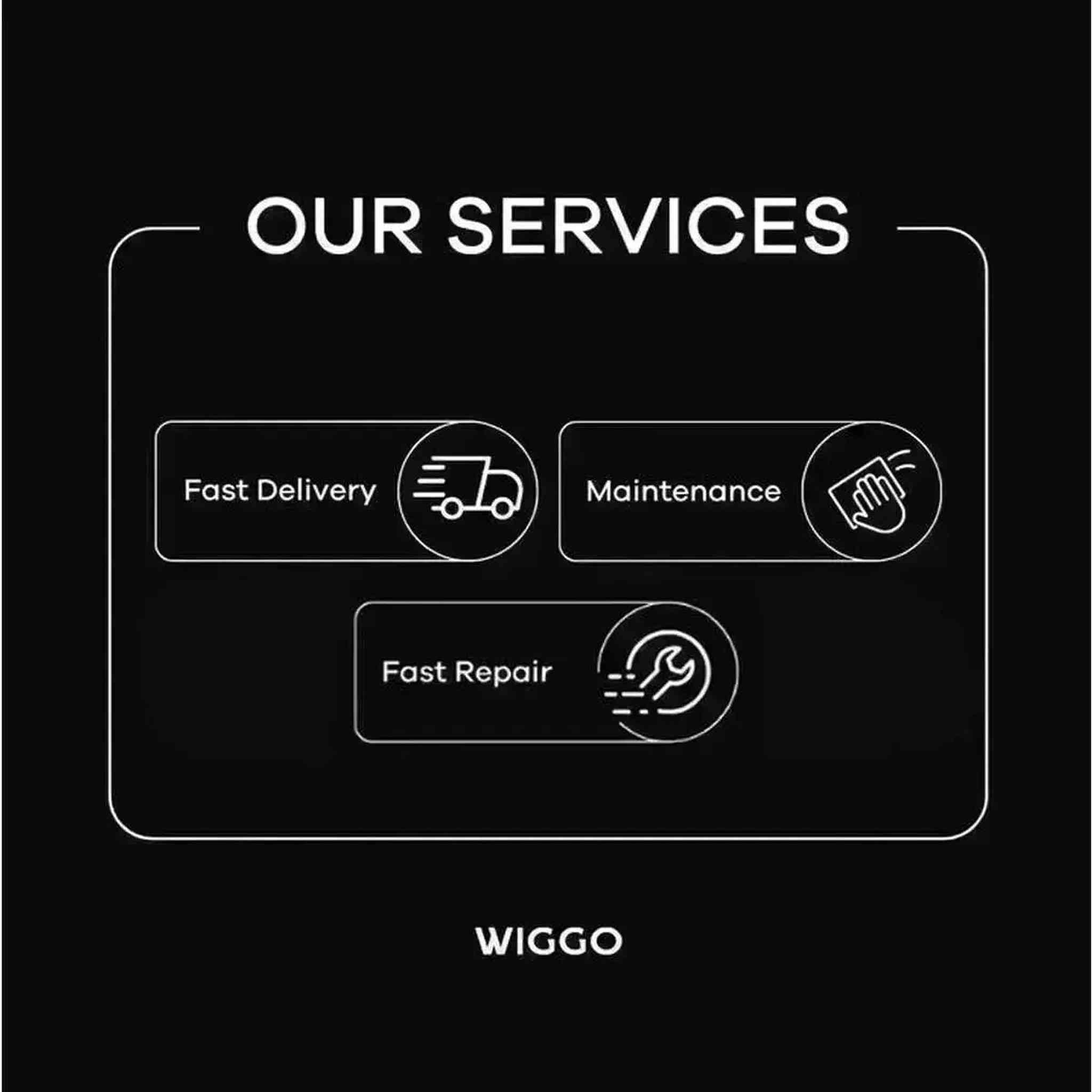 Zwarte achtergrond met witte tekst 'OUR SERVICES'. Pictogrammen voor Snelle levering, Onderhoud en Snelle reparatie.