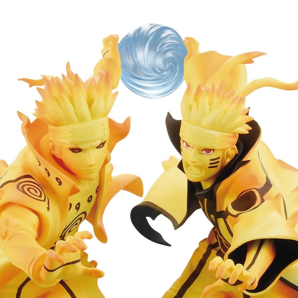 Due figure di Naruto in pose dinamiche, con dettagli gialli e arancioni. Una tiene una sfera di energia blu.