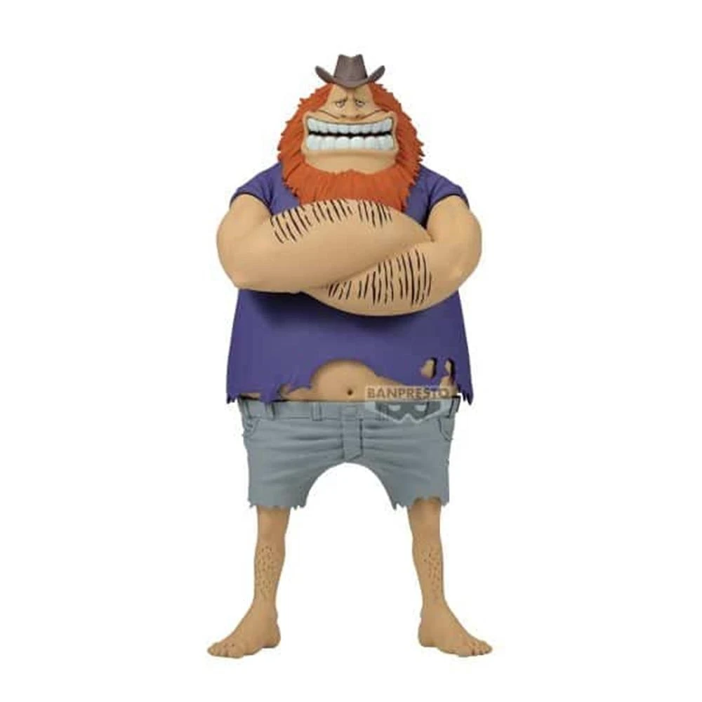 Eine Figur eines großen, muskulösen Mannes mit rotem Haar und Cowboyhut, der ein lila Hemd und graue Shorts trägt, die Arme verschränkt.