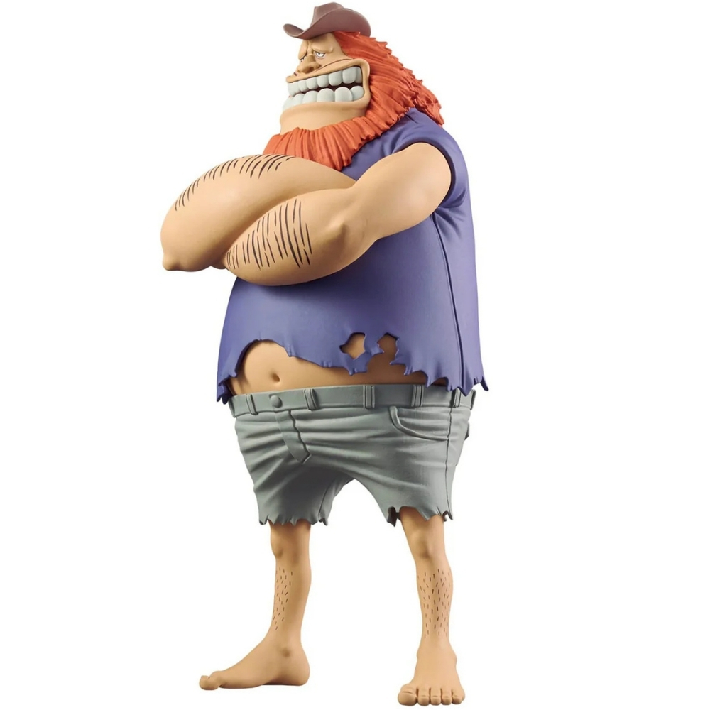 Eine Figur eines großen, muskulösen Mannes mit rotem Haar, Cowboyhut, zerrissenem blauen Hemd und grauen Shorts. Er hat verschränkte Arme.