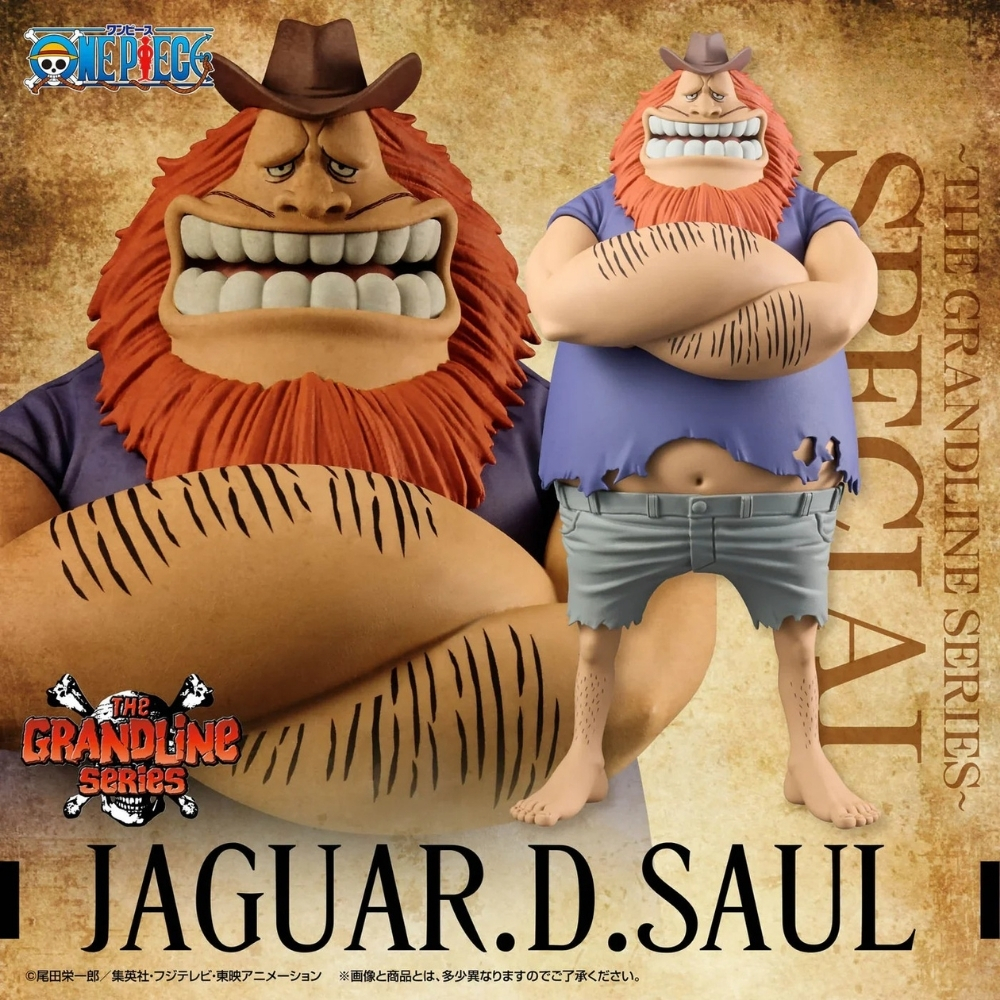 Eine Figur von Jaguar D. Saul mit braunem Hut, rotem Bart, blauem Hemd und grauen Shorts. Das Bild hat japanischen Text und ein Logo.