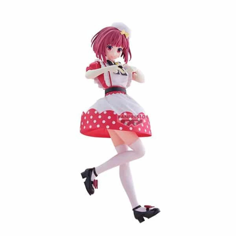 Figura de anime de una chica con un atuendo de doncella rojo y blanco. Tiene cabello rosado, gorro blanco y zapatos negros. Está posando.