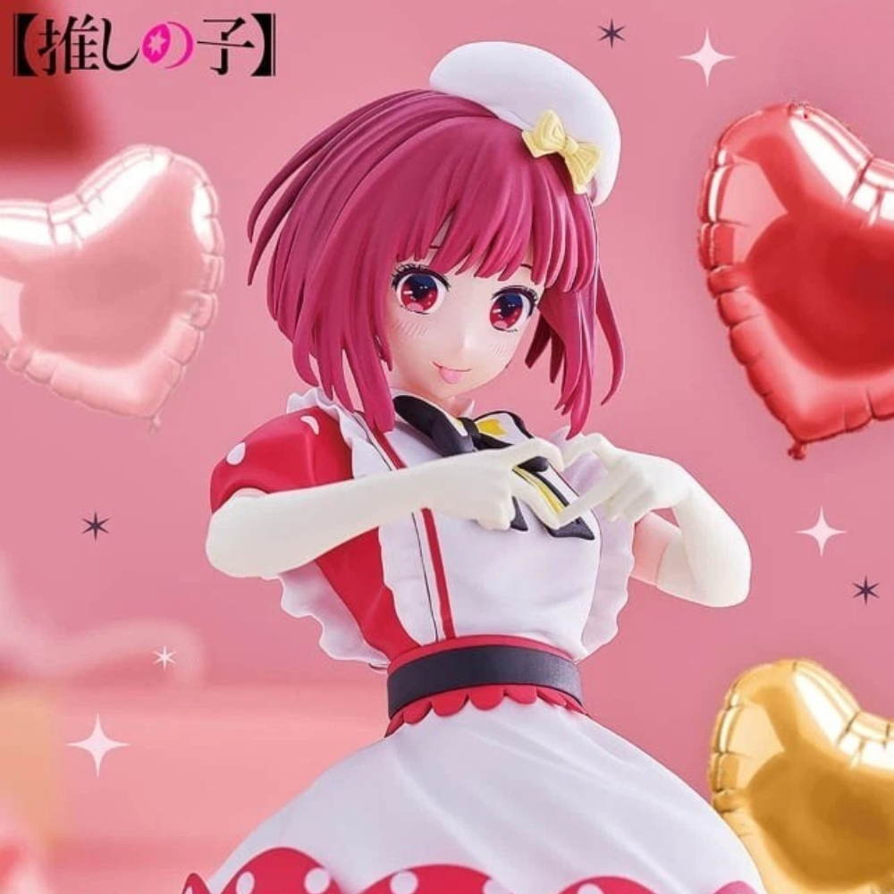 Figura de anime de una chica con un traje de doncella, haciendo forma de corazón con las manos. Globos de corazón y estrellas al fondo.