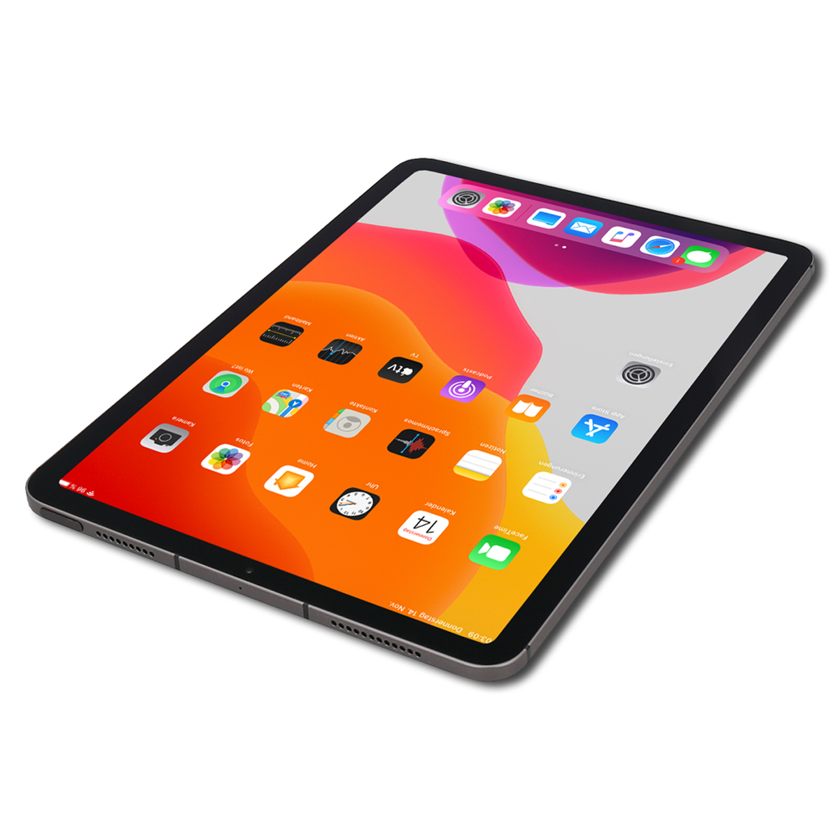 Ein iPad zeigt ein orangefarbenes und rosa Hintergrundbild an. App-Symbole sind sichtbar. Die Uhrzeit ist 03:09 und das Datum ist Donnerstag, 14. November.