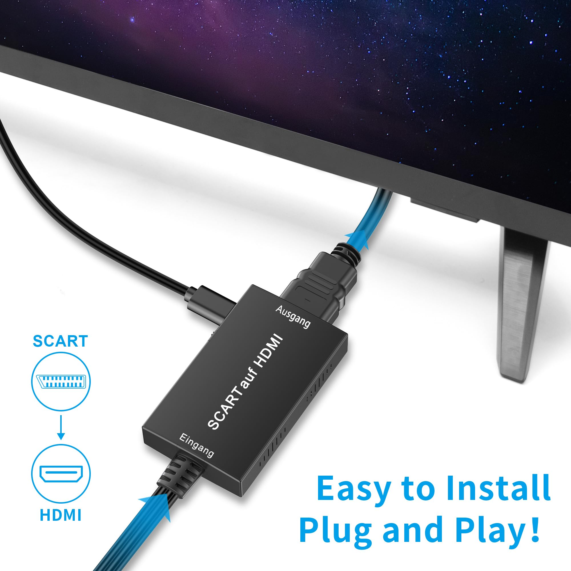 Ein HDMI-Adapter wird an einen Fernseher angeschlossen. Text lautet 'Easy to Install Plug and Play!'. SCART- und HDMI-Symbole sind abgebildet.