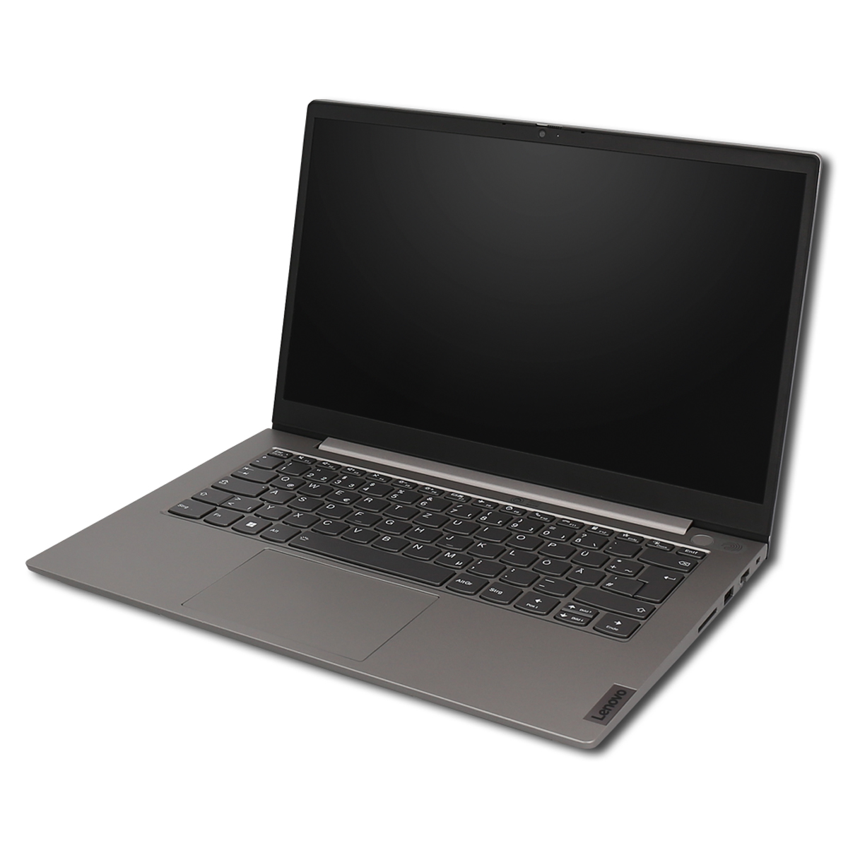 Ein grauer Lenovo-Laptop auf weißem Untergrund. Der Bildschirm ist schwarz, die Tastatur sichtbar. Lenovo-Logo unten rechts.