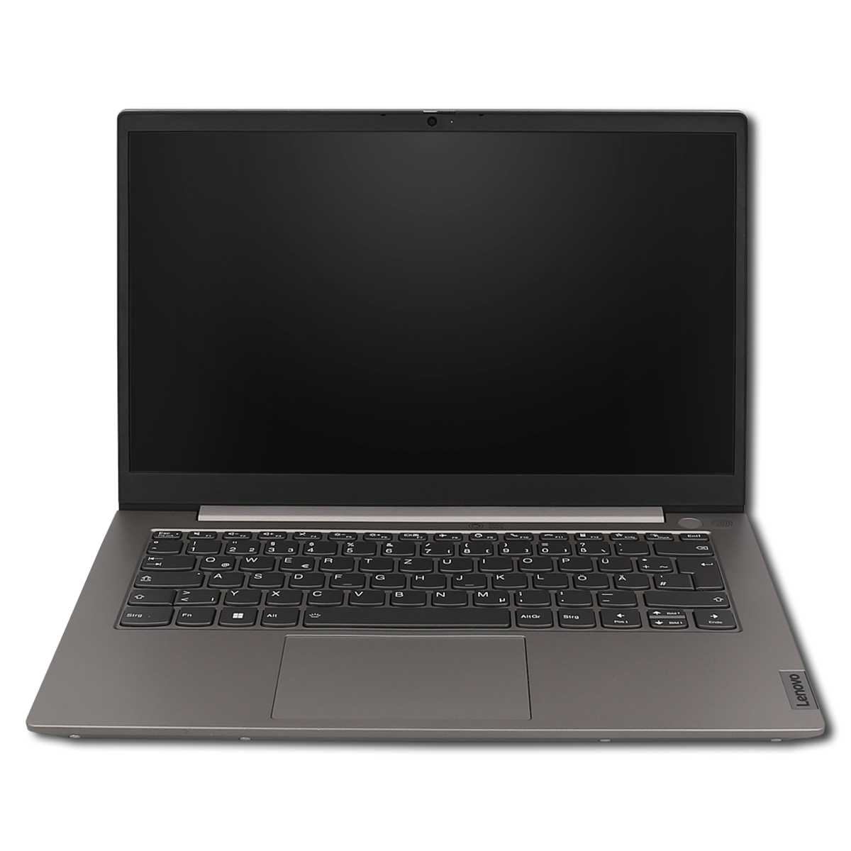 Ein Lenovo-Laptop steht im Zentrum auf weißem Grund. Der Bildschirm ist schwarz, die Tastatur sichtbar. Der Laptop ist grau.