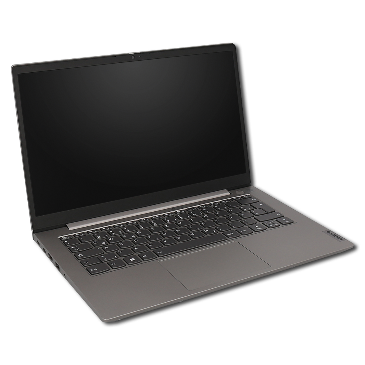 Ein grauer Lenovo-Laptop ist geöffnet und zeigt einen schwarzen Bildschirm. Die Tastatur ist sichtbar, darunter ein Touchpad. Der Hintergrund ist weiß.