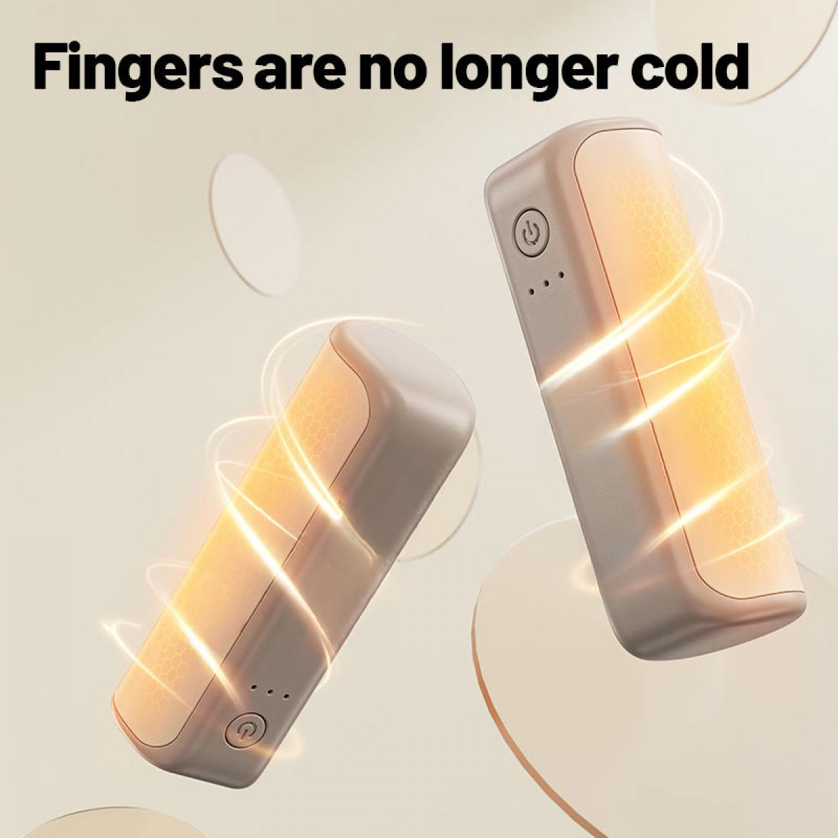 Zwei beige Handwärmer mit leuchtendem Wabenmuster. Der Text lautet: 'Finger sind nicht mehr kalt'.